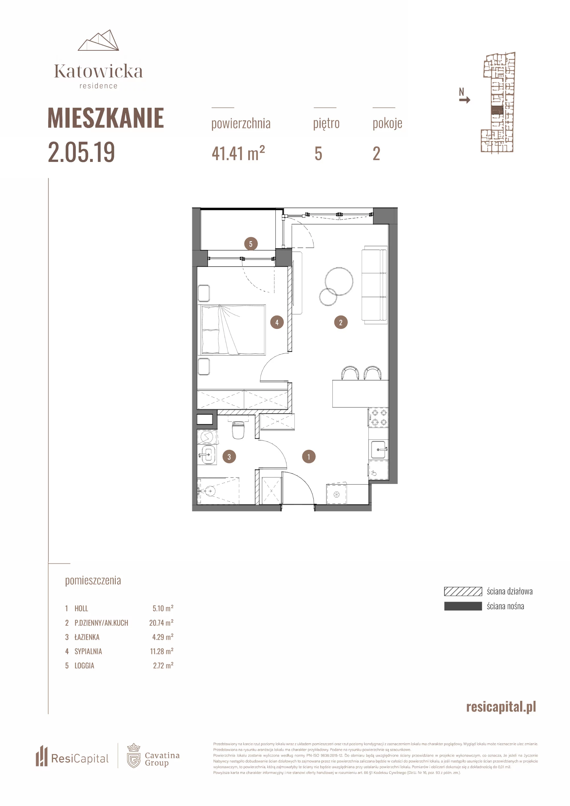 2 pokoje, apartament 41,41 m², piętro 5, oferta nr 2.05.19., Katowicka Residence, Katowice, Bogucice, ul. Katowicka