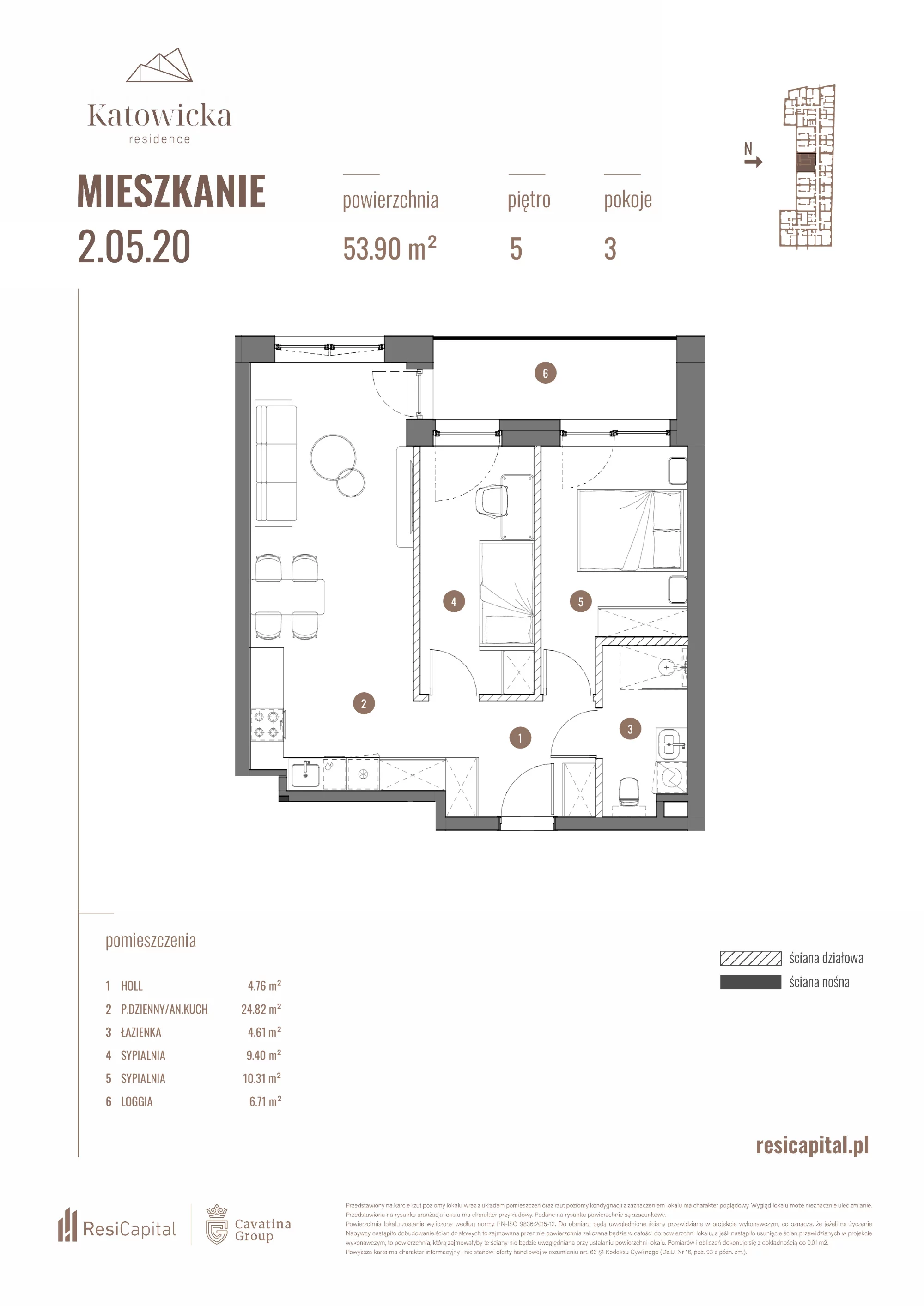 3 pokoje, apartament 53,90 m², piętro 5, oferta nr 2.05.20., Katowicka Residence, Katowice, Bogucice, ul. Katowicka