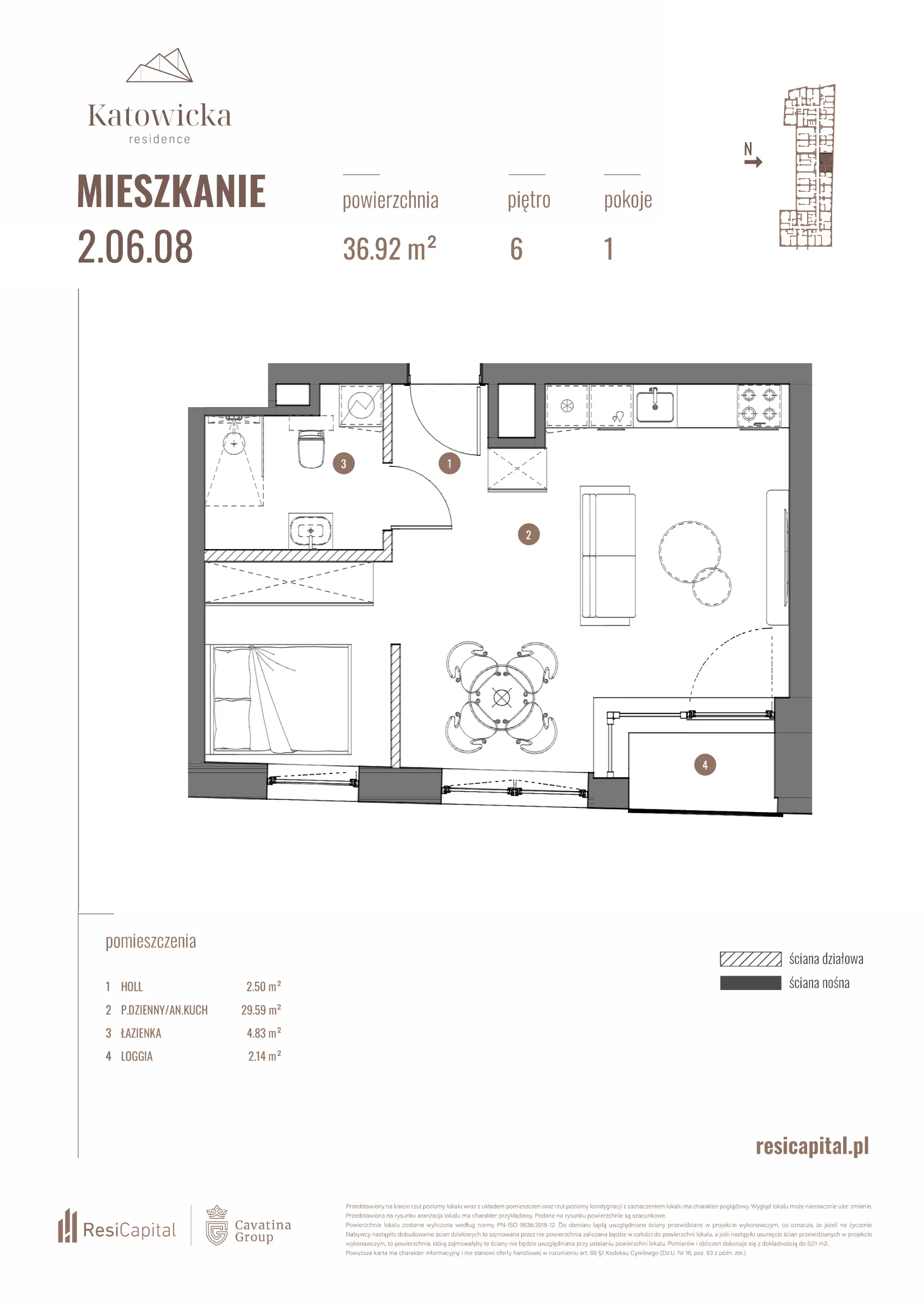 Apartament 36,92 m², piętro 6, oferta nr 2.06.08., Katowicka Residence, Katowice, Bogucice, ul. Katowicka