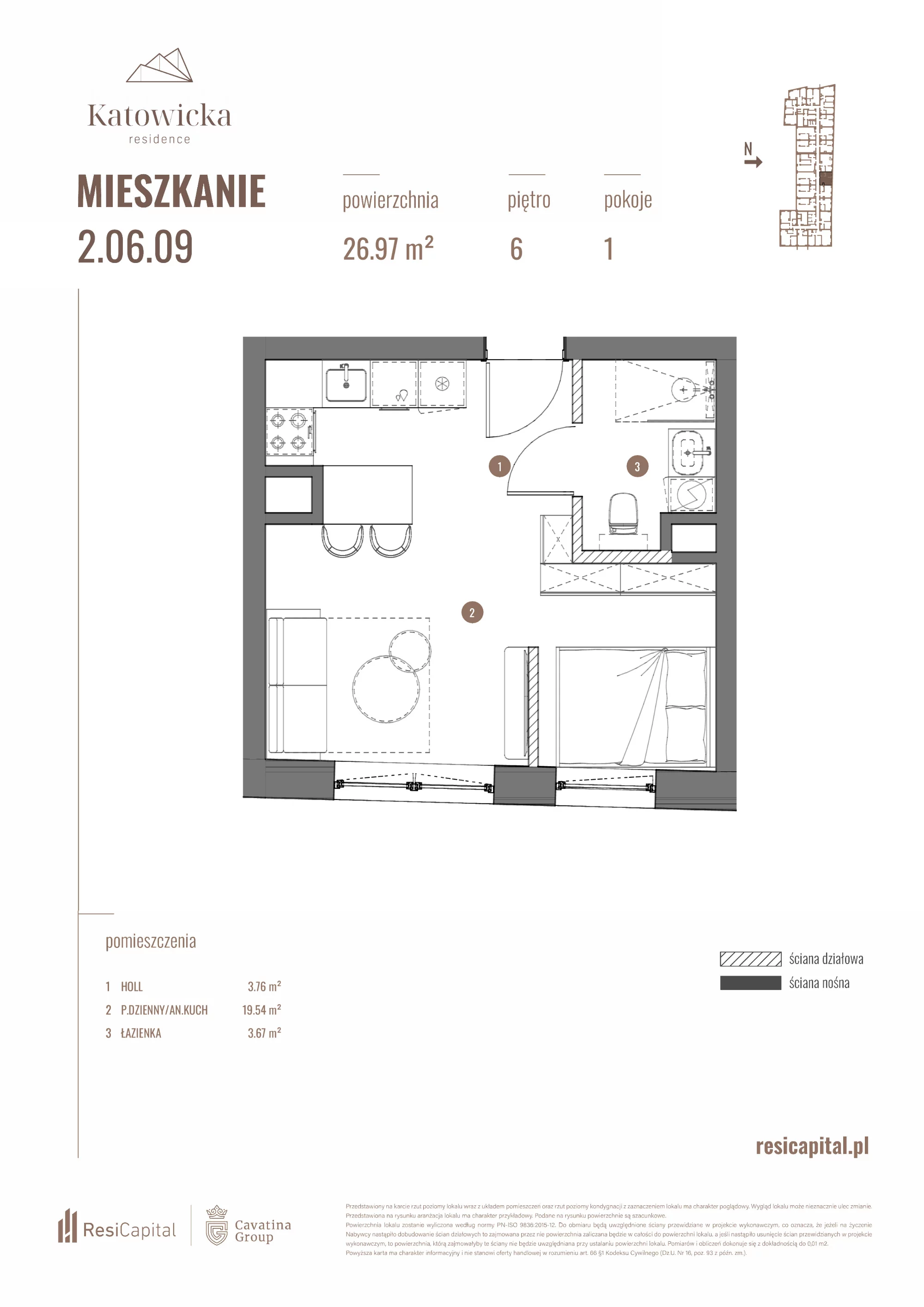 Apartament 26,97 m², piętro 6, oferta nr 2.06.09., Katowicka Residence, Katowice, Bogucice, ul. Katowicka