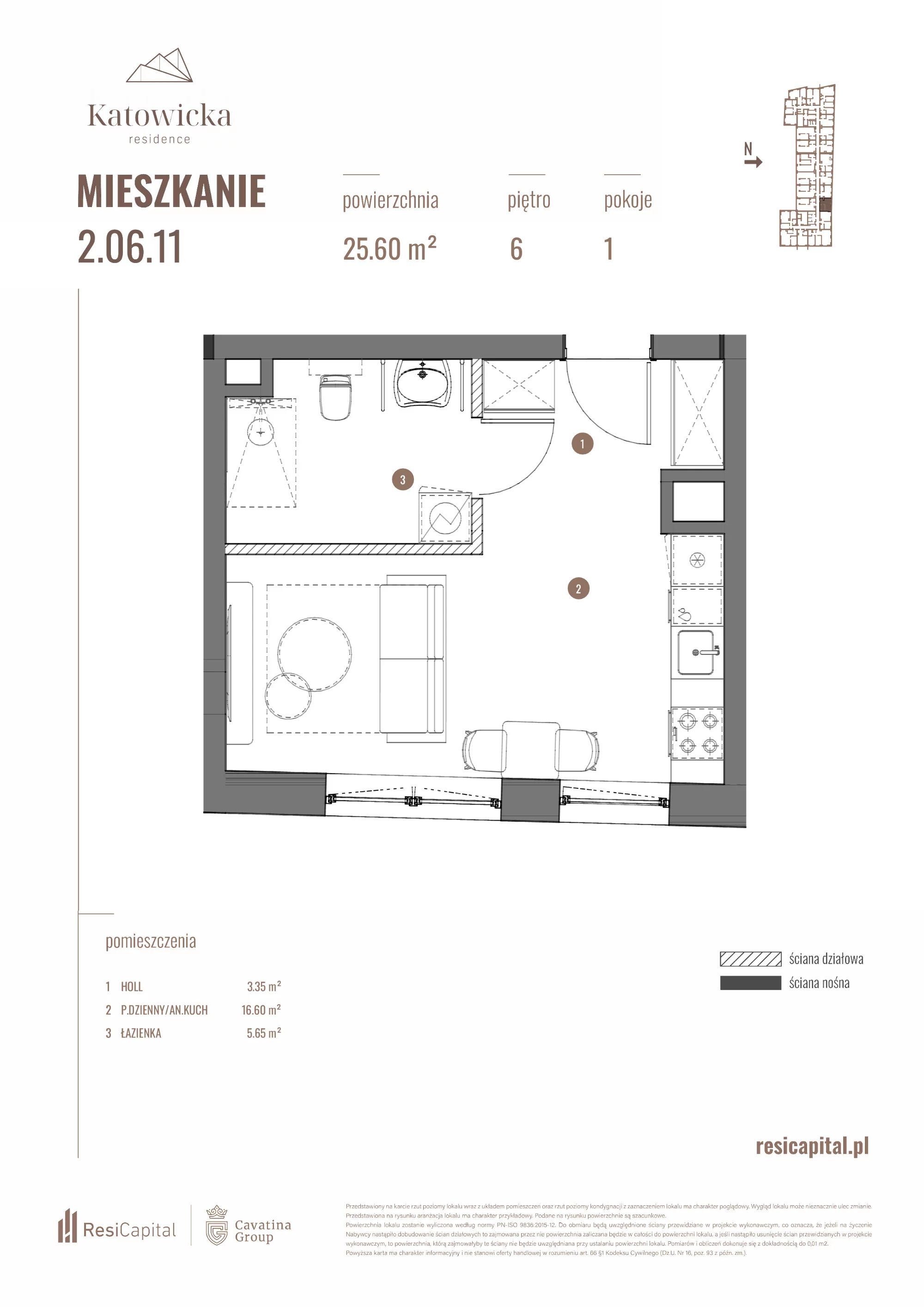 Apartament 25,60 m², piętro 6, oferta nr 2.06.11., Katowicka Residence, Katowice, Bogucice, ul. Katowicka