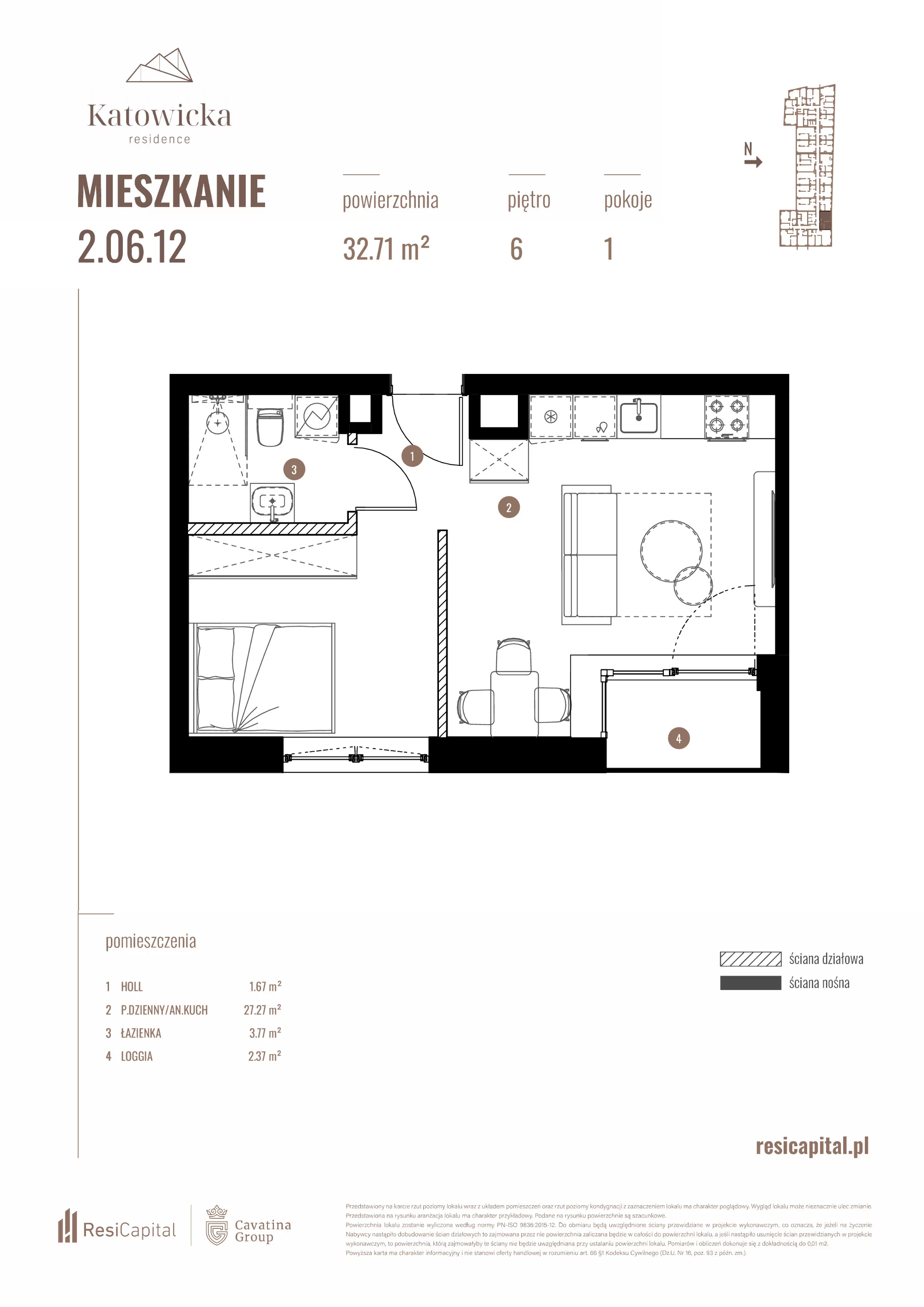 Apartament 32,71 m², piętro 6, oferta nr 2.06.12., Katowicka Residence, Katowice, Bogucice, ul. Katowicka