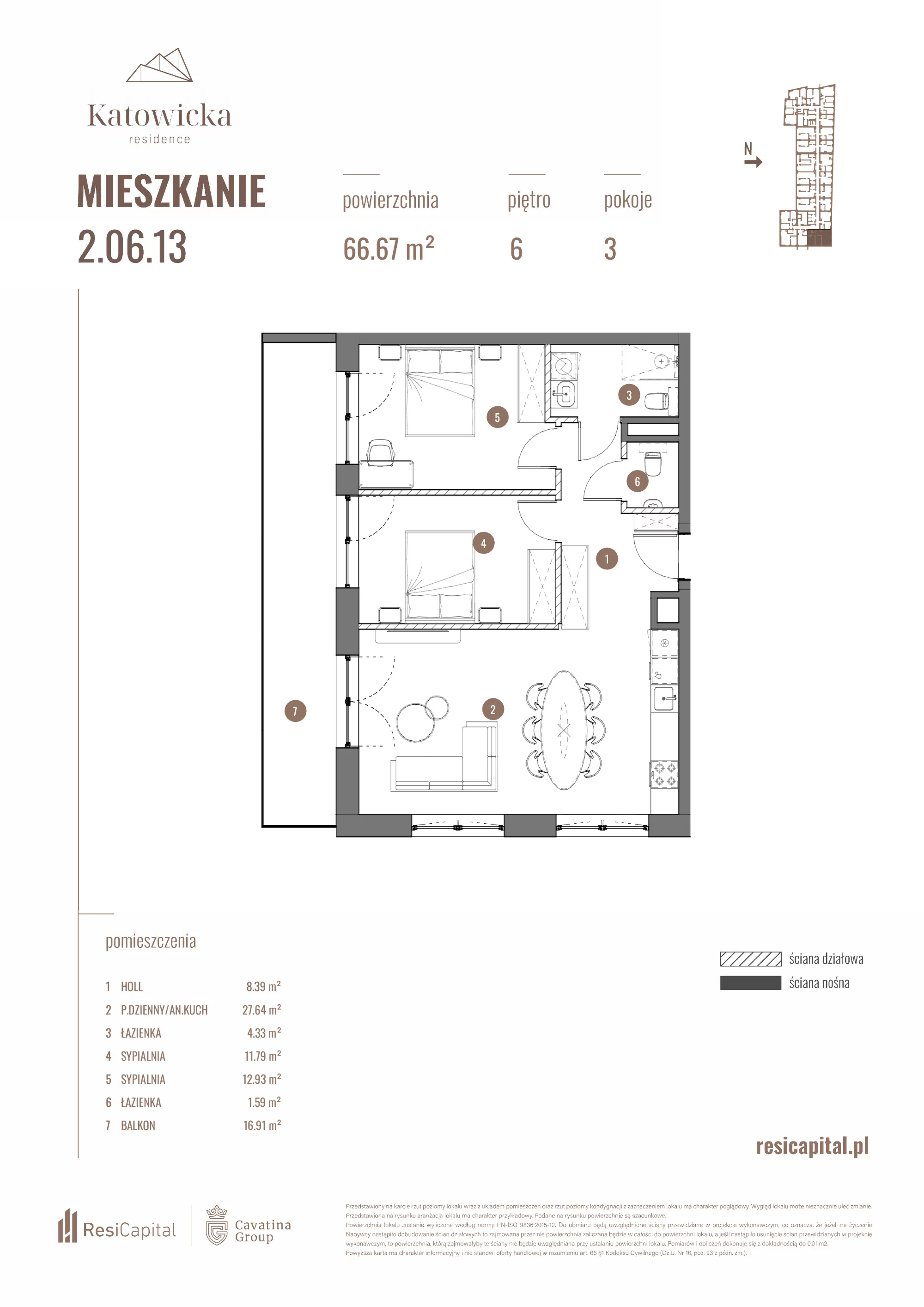 3 pokoje, apartament 66,69 m², piętro 6, oferta nr 2.06.13., Katowicka Residence, Katowice, Bogucice, ul. Katowicka
