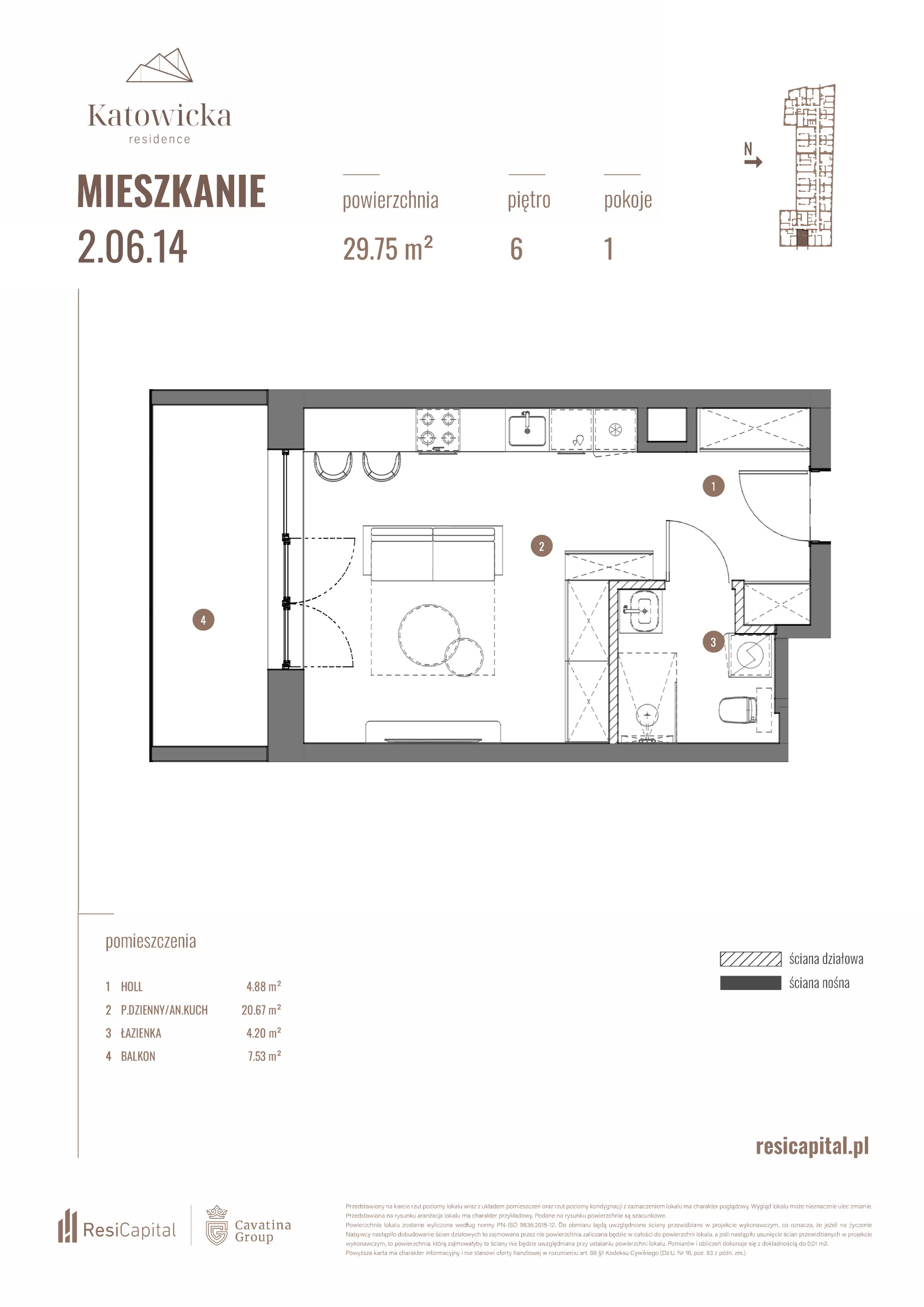 Apartament 29,75 m², piętro 6, oferta nr 2.06.14., Katowicka Residence, Katowice, Bogucice, ul. Katowicka