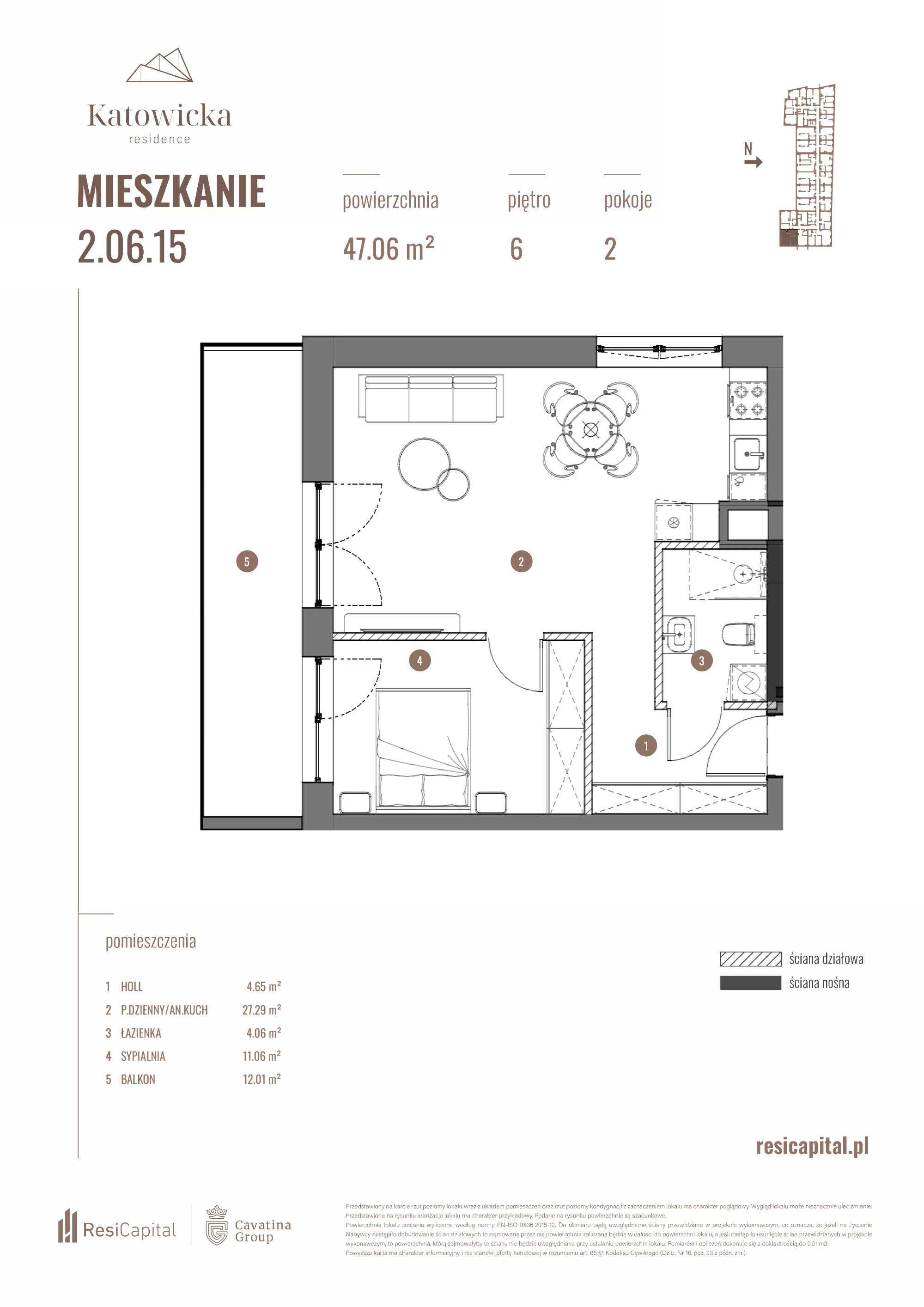 2 pokoje, apartament 47,06 m², piętro 6, oferta nr 2.06.15., Katowicka Residence, Katowice, Bogucice, ul. Katowicka