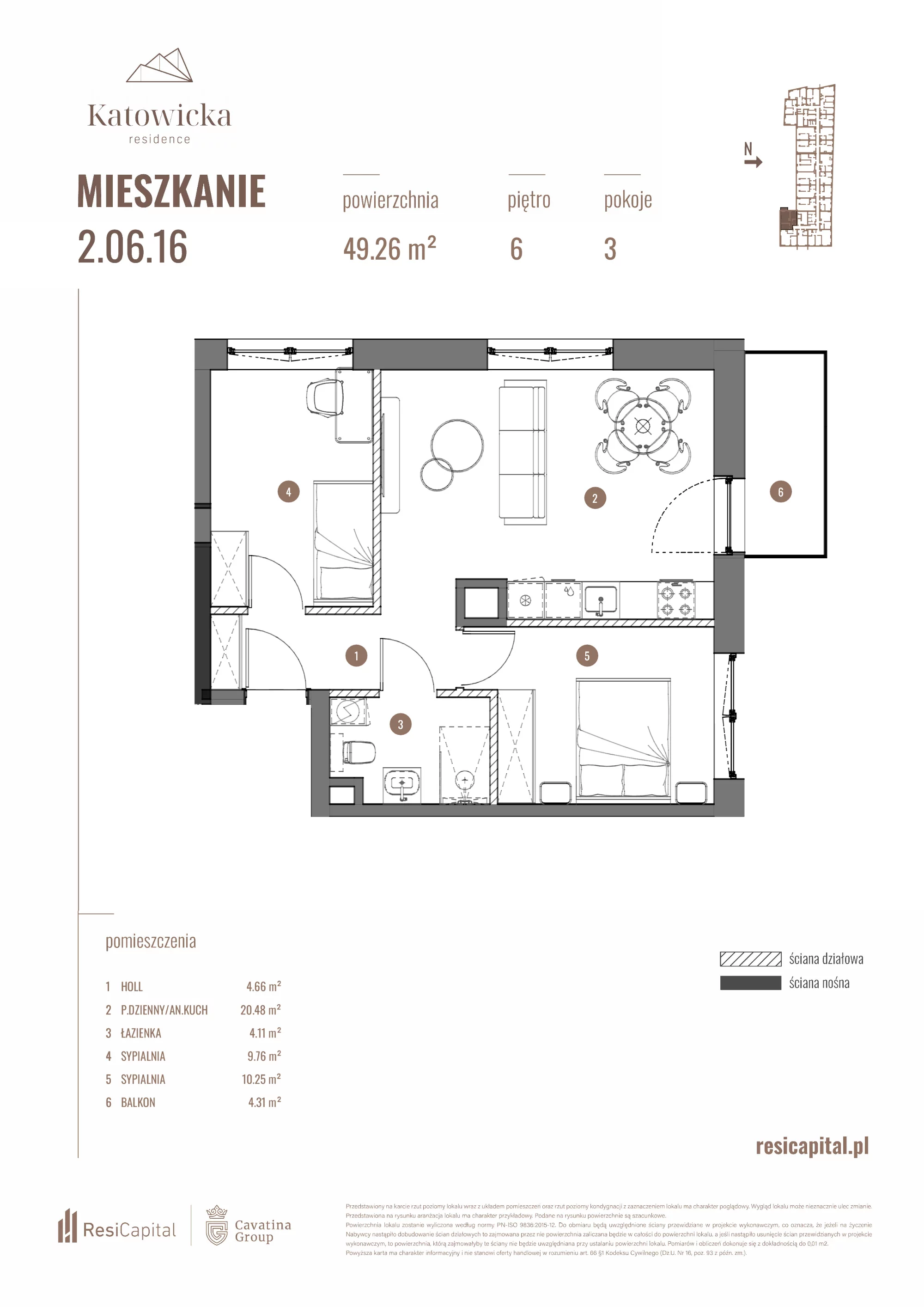 3 pokoje, apartament 49,26 m², piętro 6, oferta nr 2.06.16., Katowicka Residence, Katowice, Bogucice, ul. Katowicka