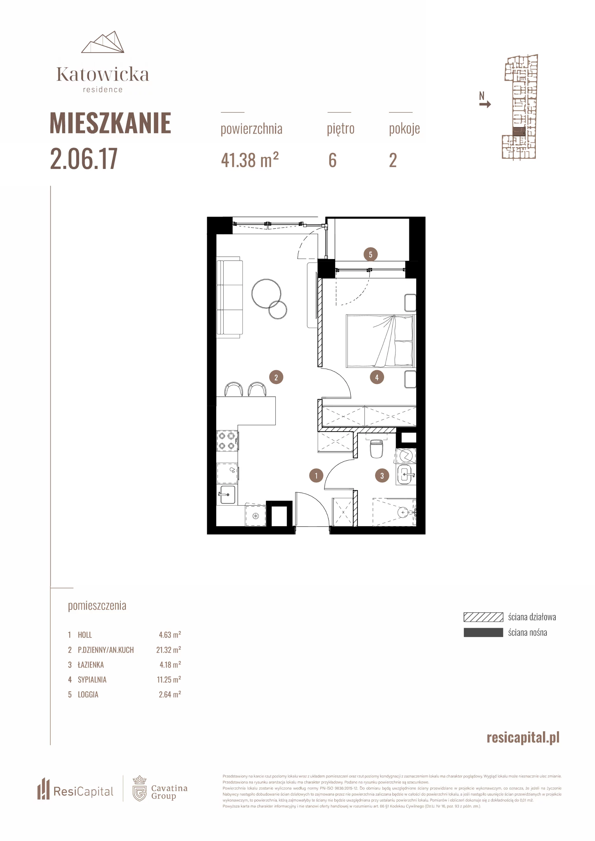 2 pokoje, apartament 41,38 m², piętro 6, oferta nr 2.06.17., Katowicka Residence, Katowice, Bogucice, ul. Katowicka