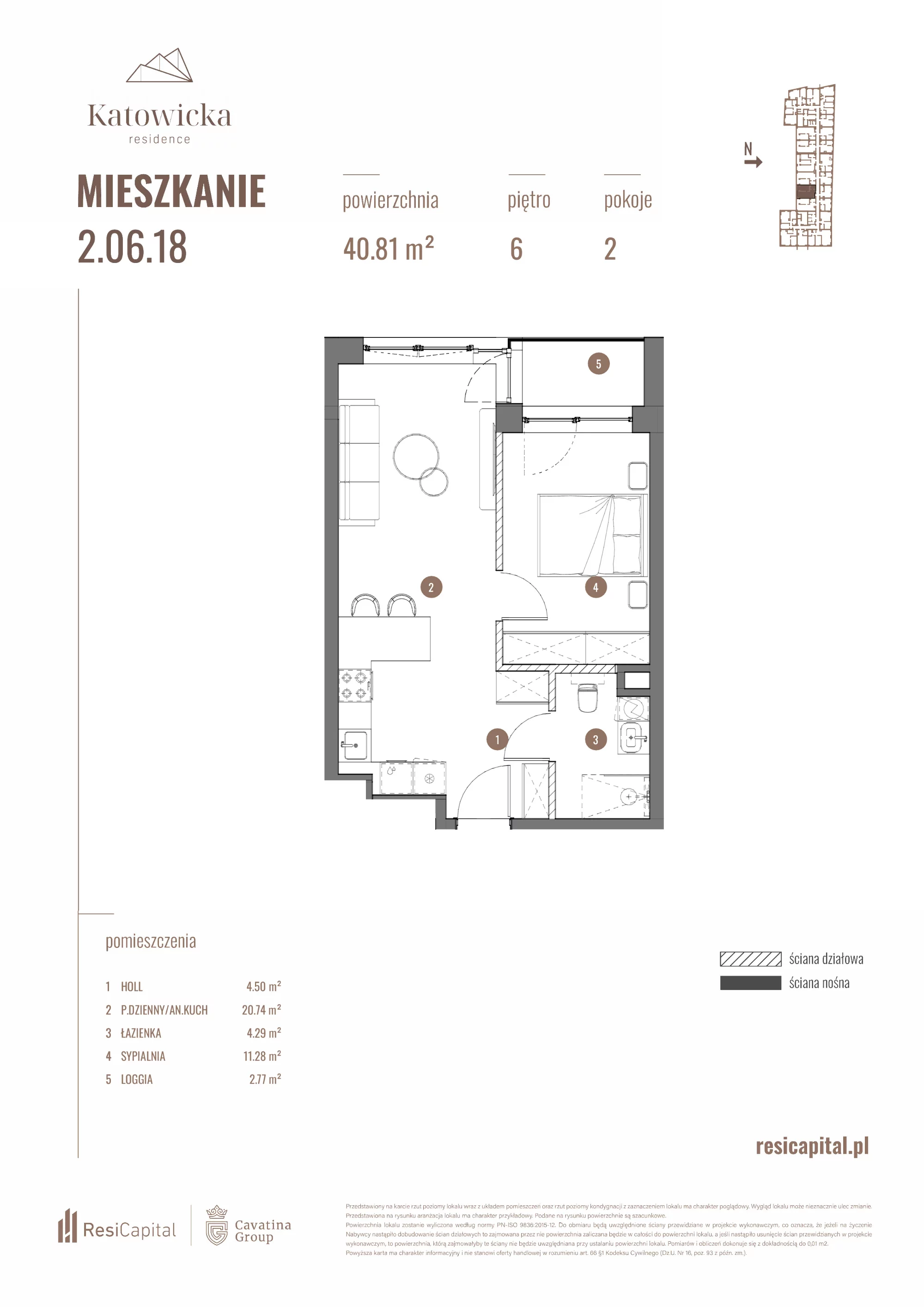 2 pokoje, apartament 40,81 m², piętro 6, oferta nr 2.06.18., Katowicka Residence, Katowice, Bogucice, ul. Katowicka
