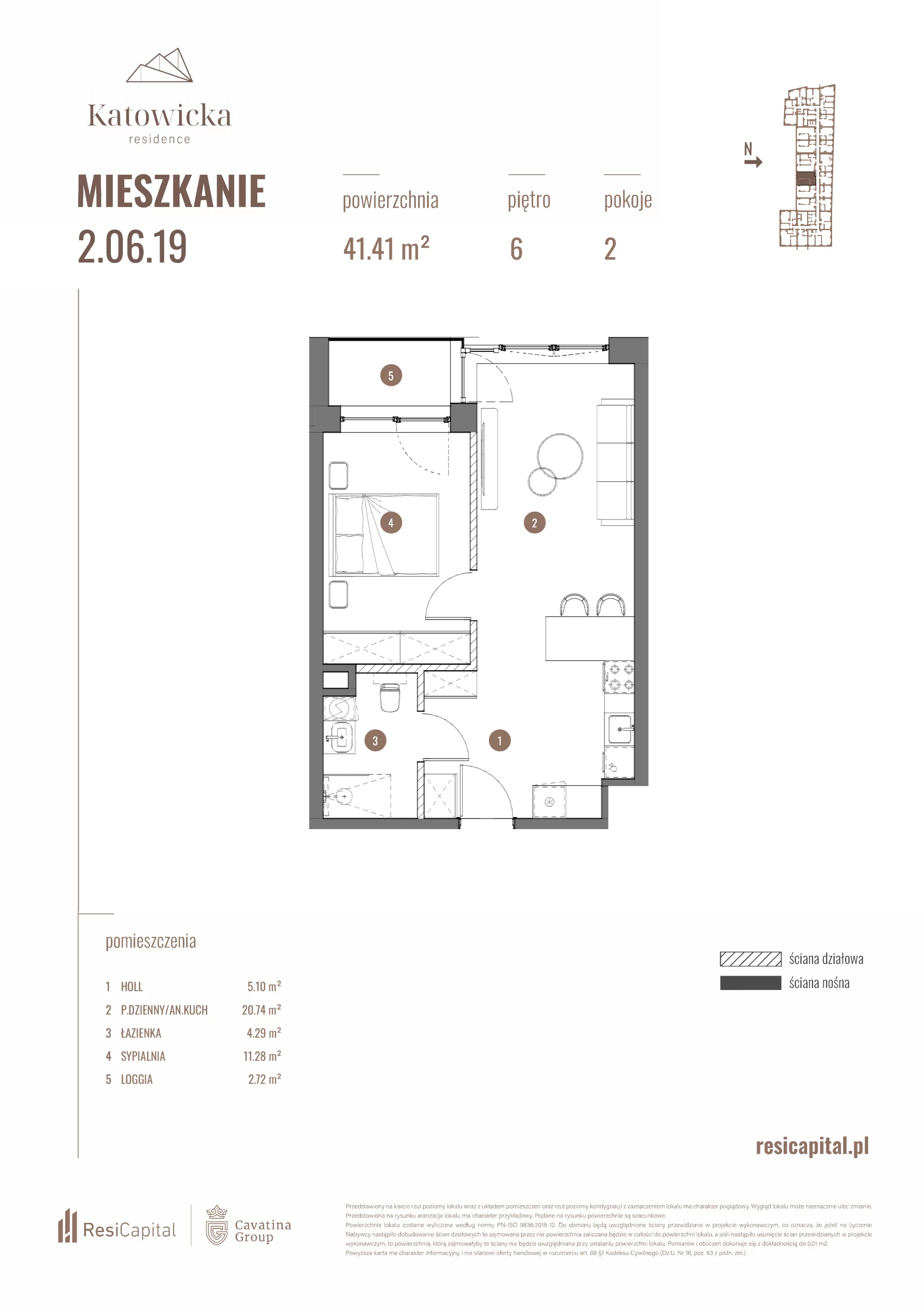 2 pokoje, apartament 41,41 m², piętro 6, oferta nr 2.06.19., Katowicka Residence, Katowice, Bogucice, ul. Katowicka