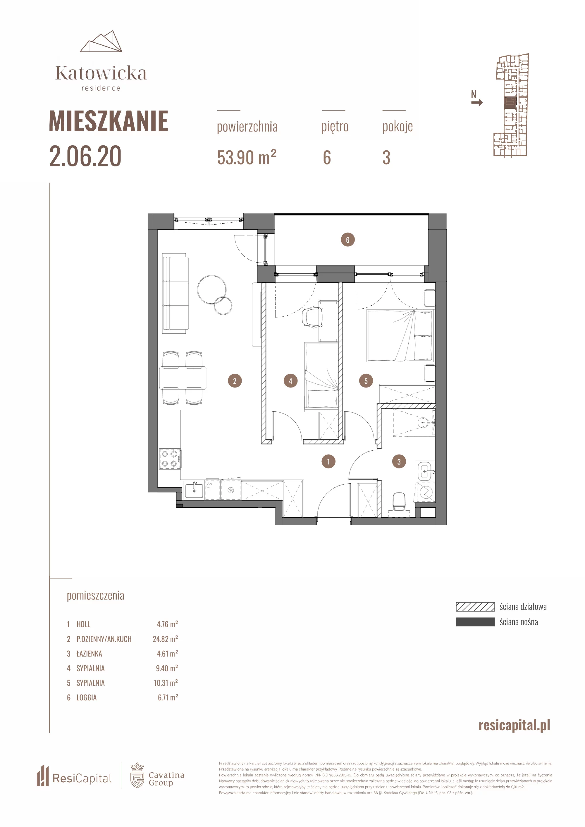 3 pokoje, apartament 53,90 m², piętro 6, oferta nr 2.06.20., Katowicka Residence, Katowice, Bogucice, ul. Katowicka