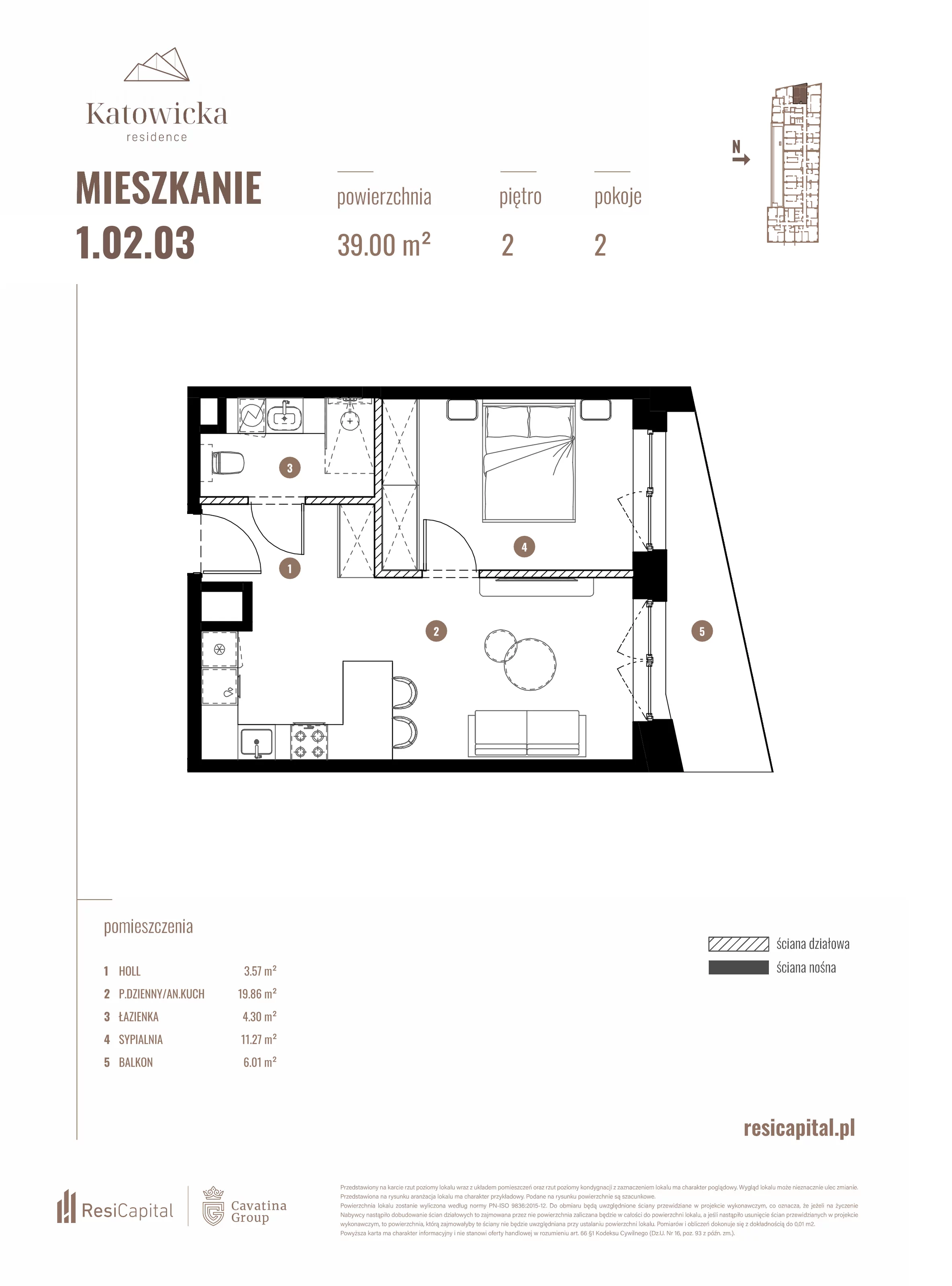 2 pokoje, apartament 38,91 m², piętro 2, oferta nr 1.02.03., Katowicka Residence, Katowice, Bogucice, ul. Katowicka