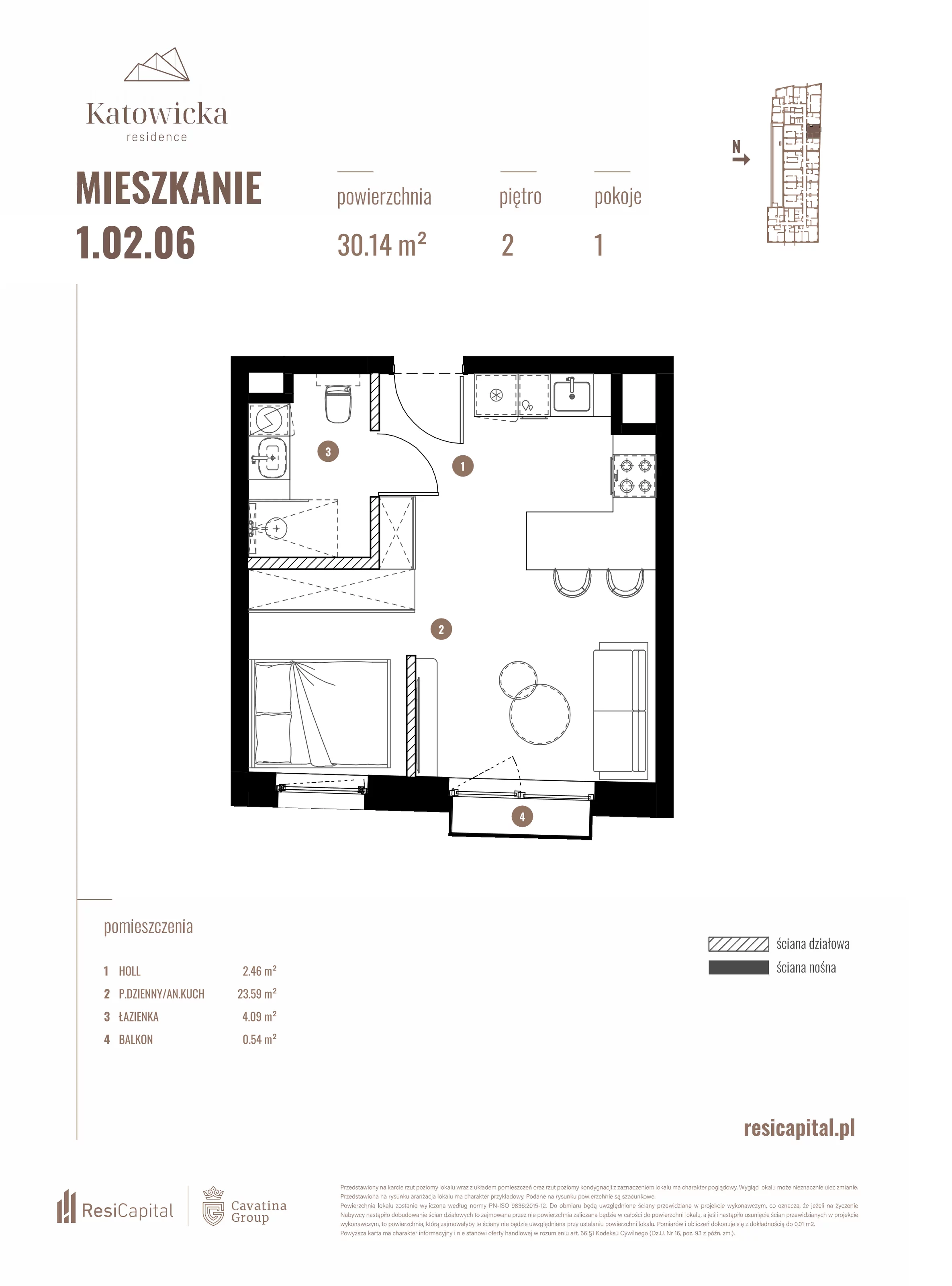 1 pokój, apartament 30,12 m², piętro 2, oferta nr 1.02.06., Katowicka Residence, Katowice, Bogucice, ul. Katowicka