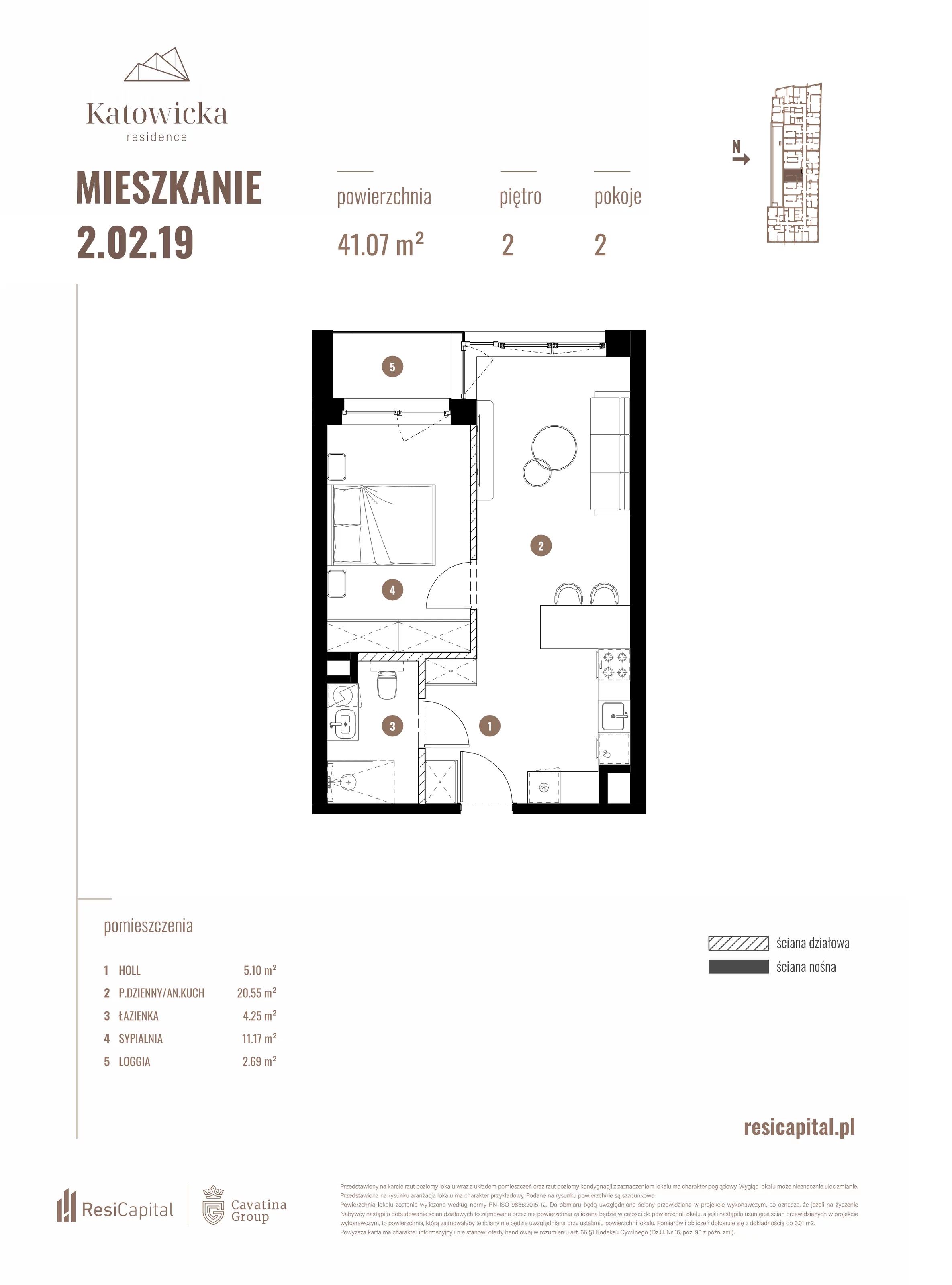 2 pokoje, apartament 41,01 m², piętro 2, oferta nr 2.02.19., Katowicka Residence, Katowice, Bogucice, ul. Katowicka