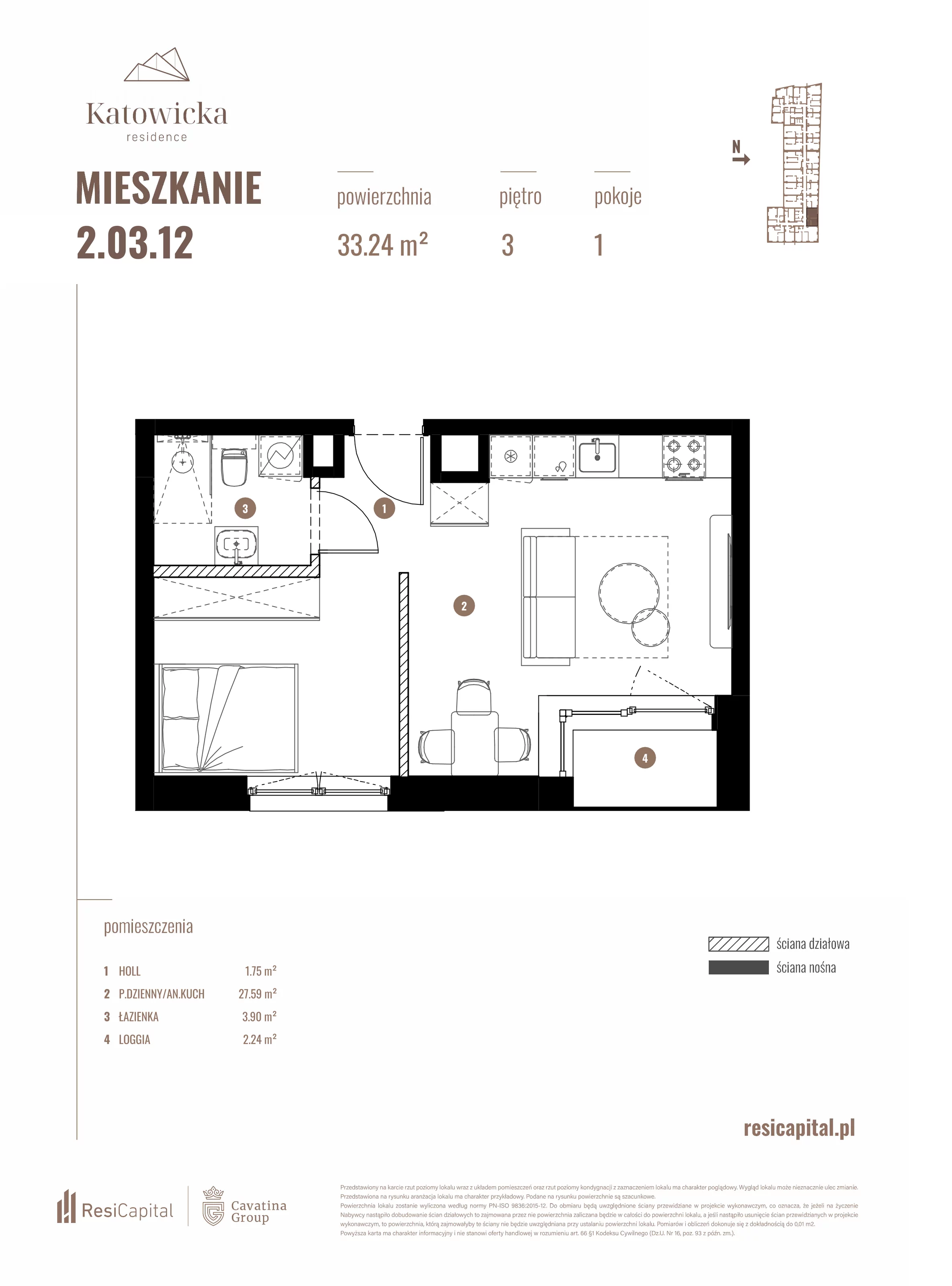 1 pokój, apartament 32,70 m², piętro 3, oferta nr 2.03.12., Katowicka Residence, Katowice, Bogucice, ul. Katowicka