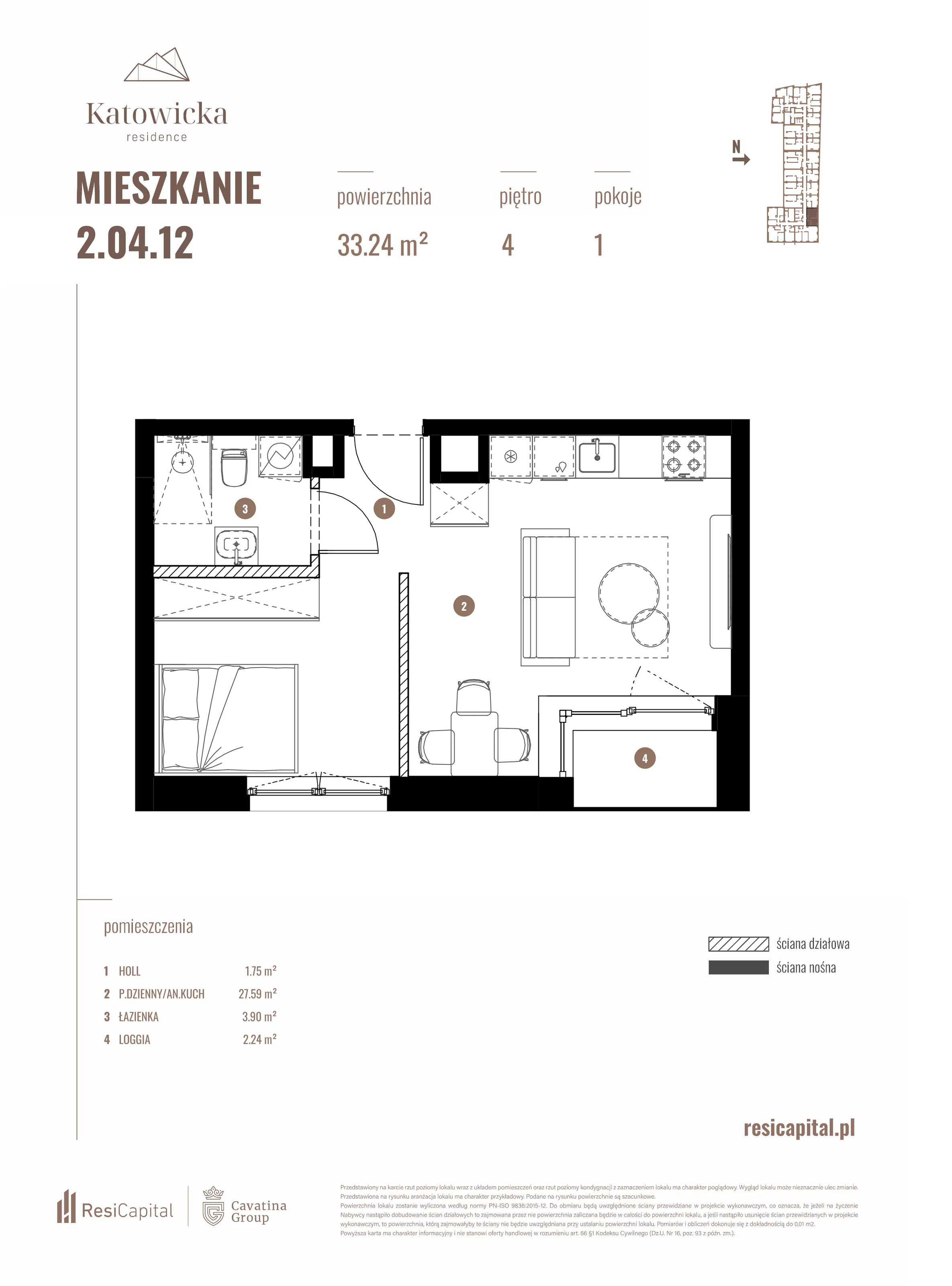1 pokój, apartament 32,70 m², piętro 4, oferta nr 2.04.12., Katowicka Residence, Katowice, Bogucice, ul. Katowicka