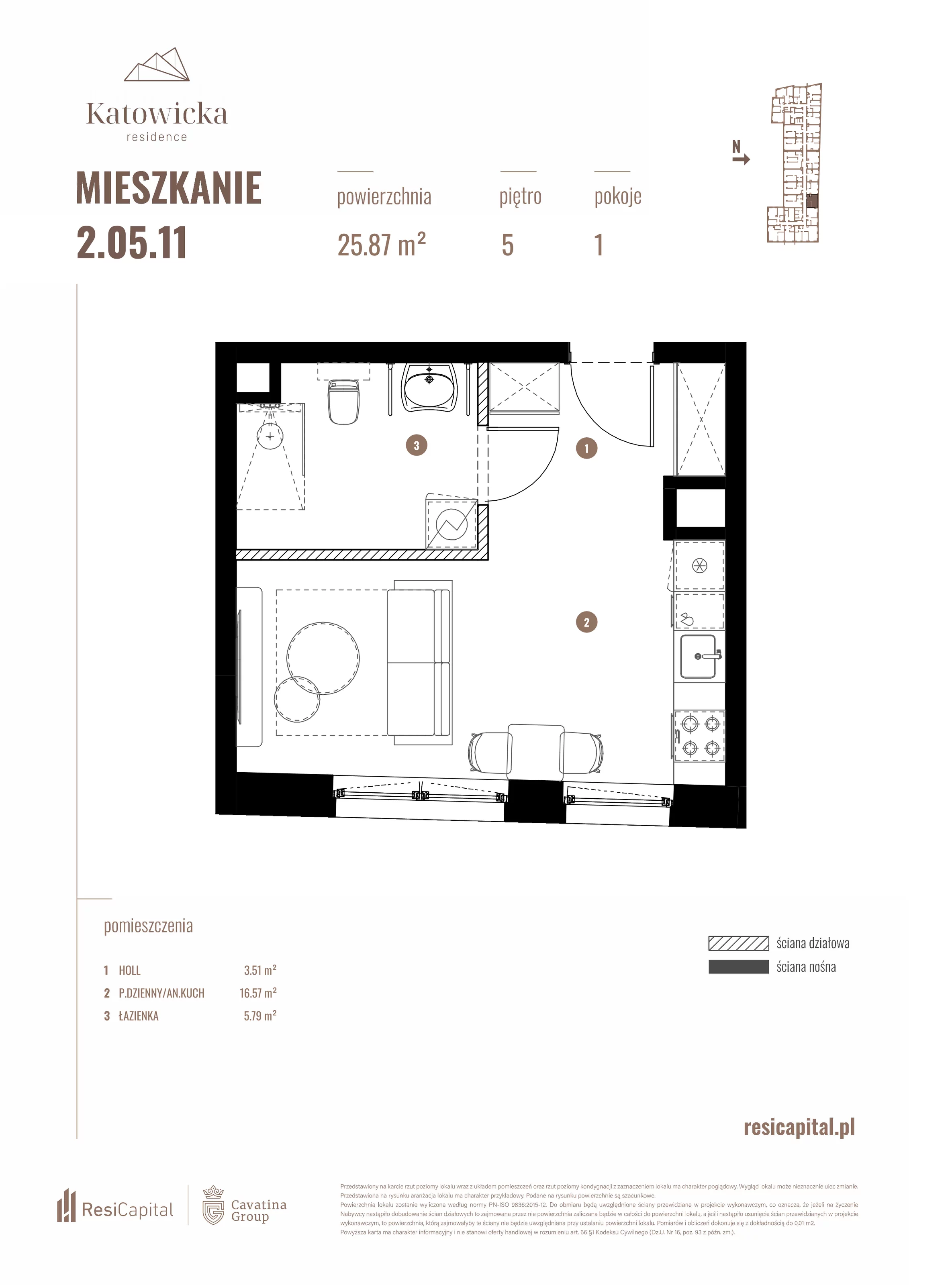 1 pokój, apartament 25,55 m², piętro 5, oferta nr 2.05.11., Katowicka Residence, Katowice, Bogucice, ul. Katowicka