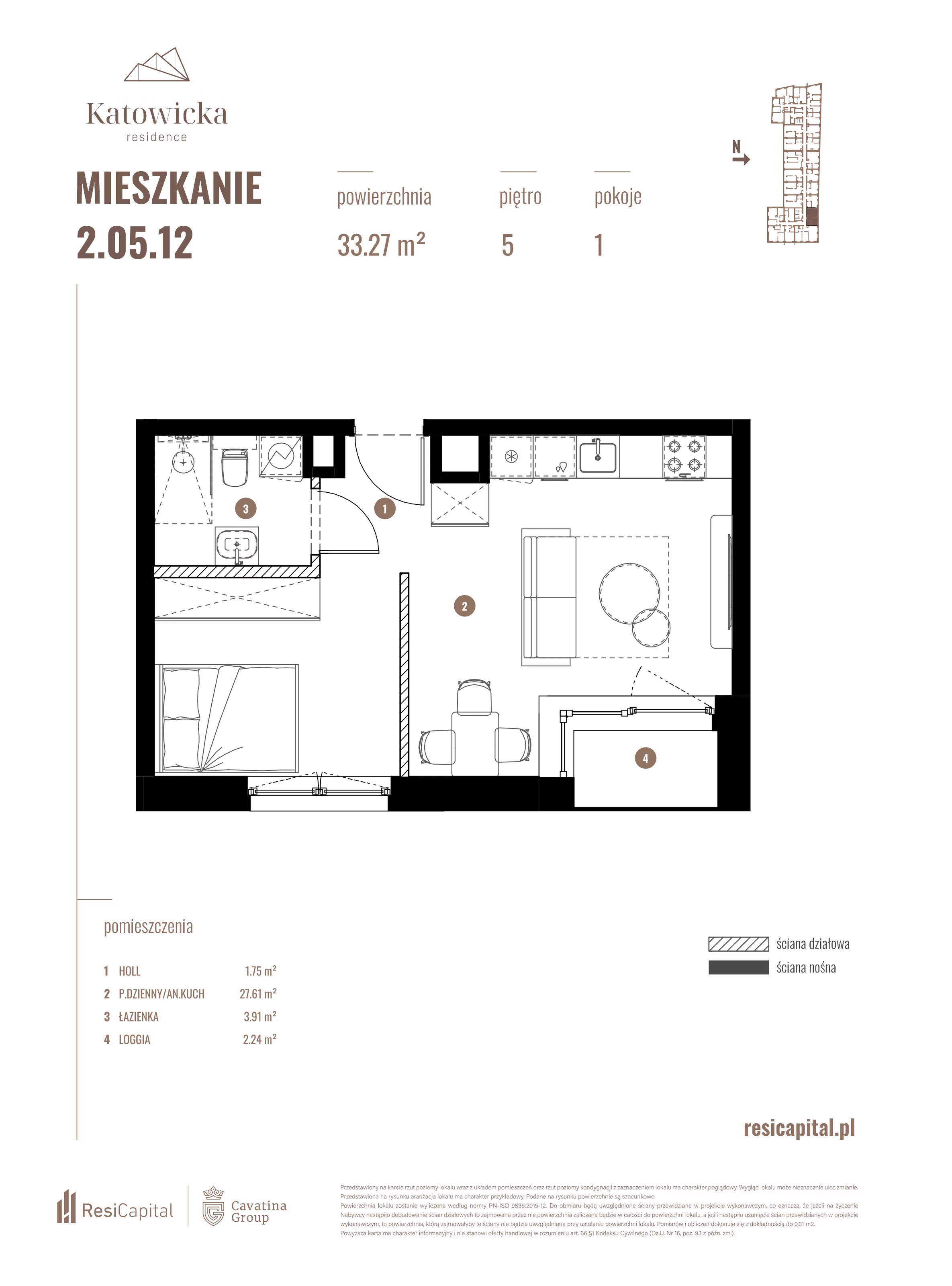 1 pokój, apartament 32,69 m², piętro 5, oferta nr 2.05.12., Katowicka Residence, Katowice, Bogucice, ul. Katowicka