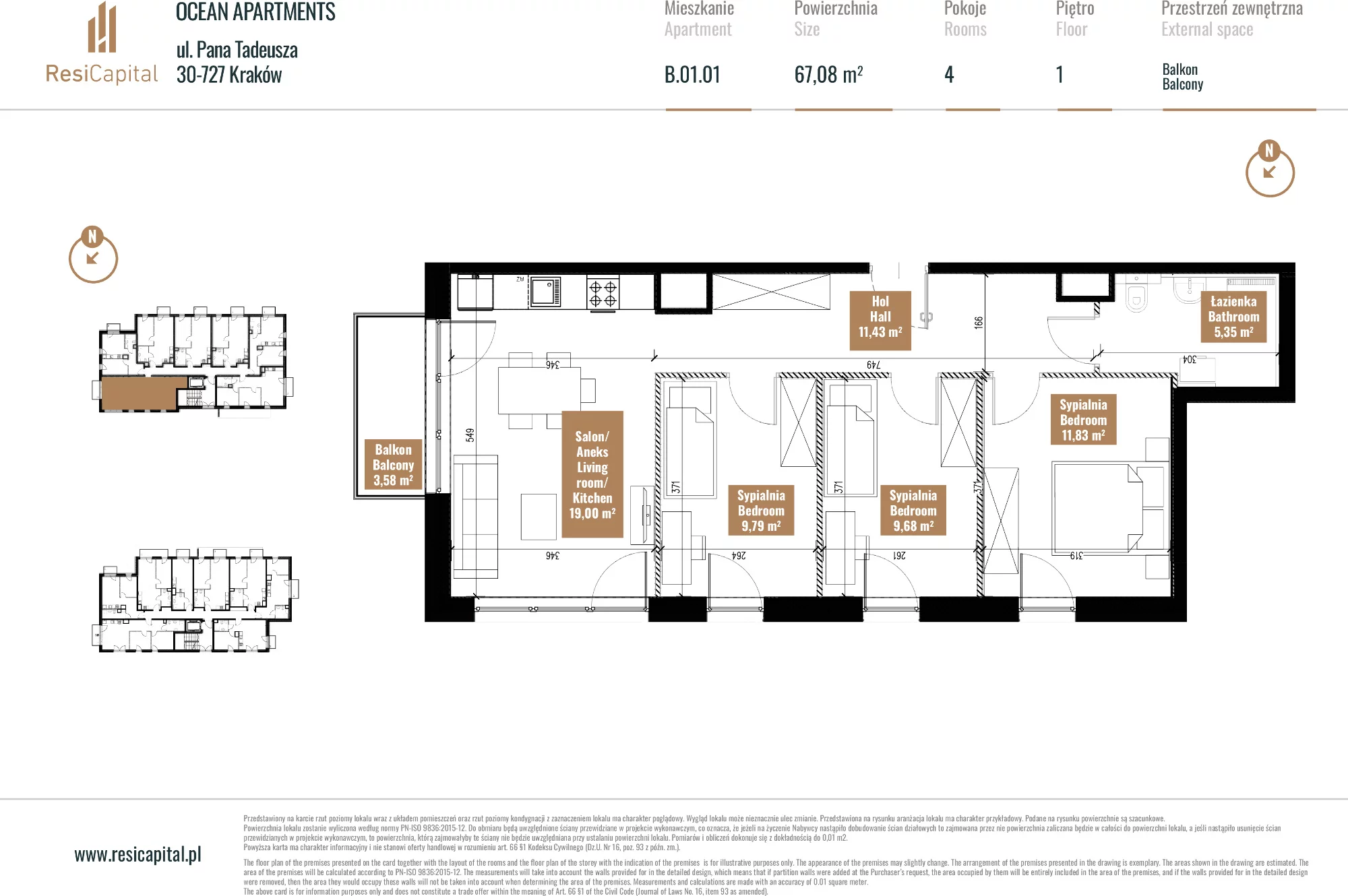 Apartament 67,80 m², piętro 1, oferta nr B.01.01, Ocean Apartments, Kraków, Podgórze, Zabłocie, ul. Pana Tadeusza