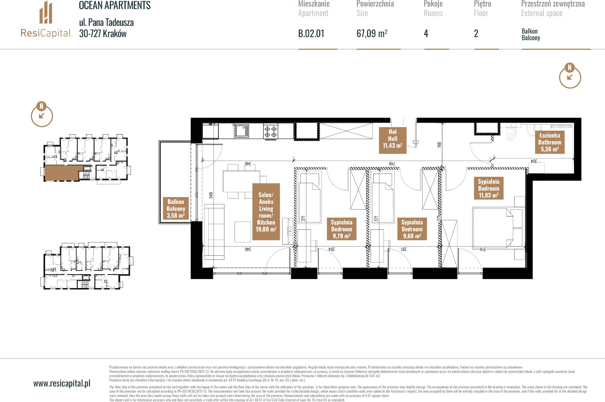 Apartament 67,65 m², piętro 2, oferta nr B.02.01, Ocean Apartments, Kraków, Podgórze, Zabłocie, ul. Pana Tadeusza