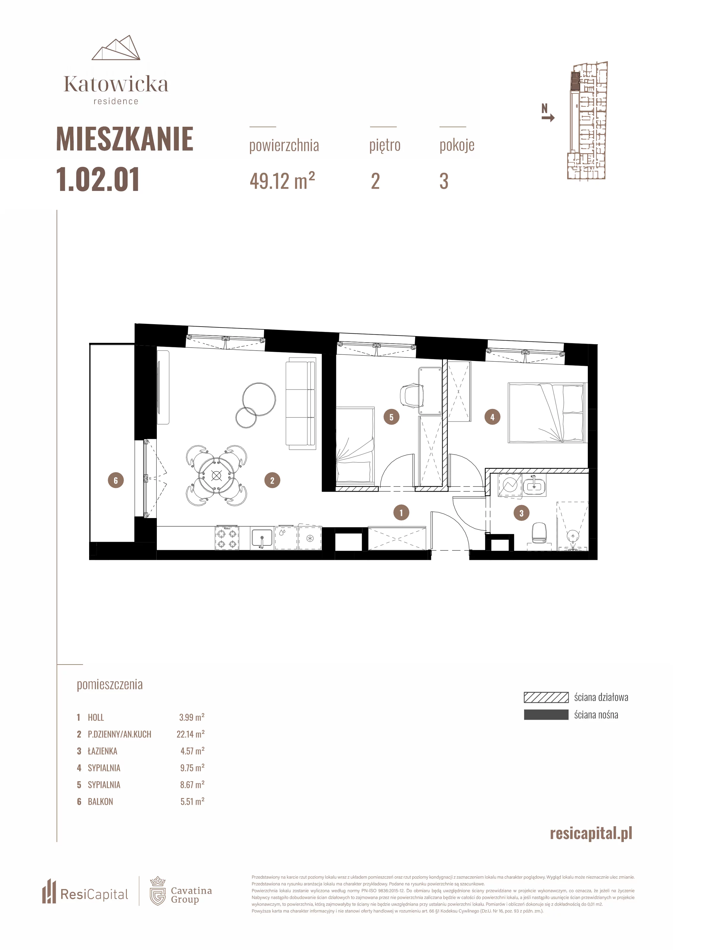 3 pokoje, apartament 49,12 m², piętro 2, oferta nr 1.02.01., Katowicka Residence, Katowice, Bogucice, ul. Katowicka