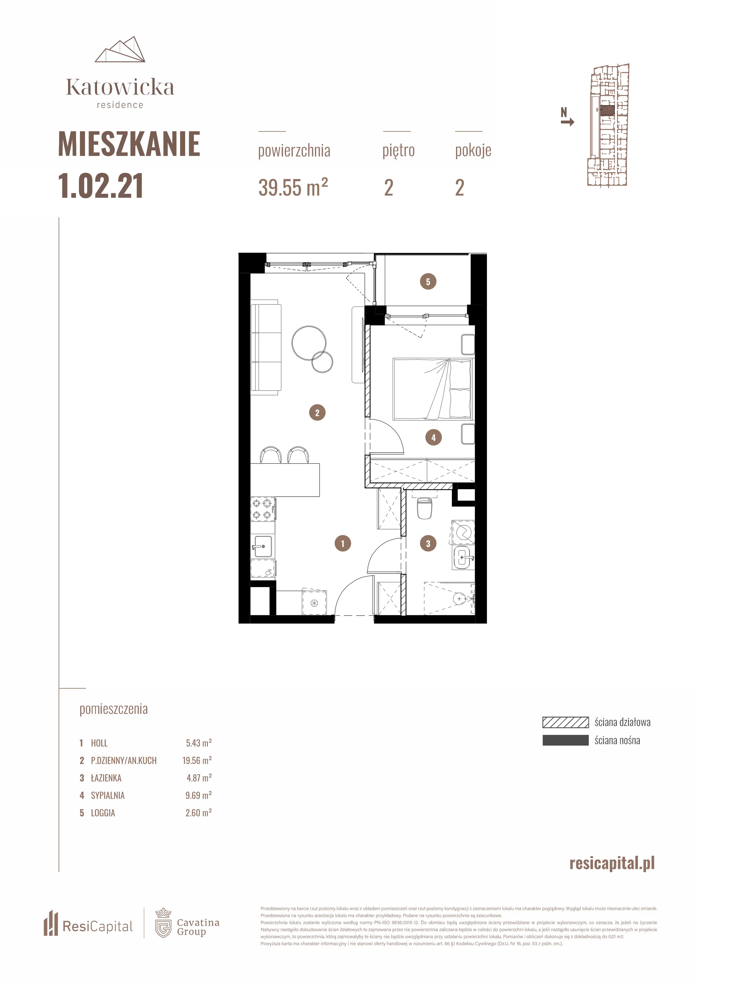 2 pokoje, apartament 39,55 m², piętro 2, oferta nr 1.02.21., Katowicka Residence, Katowice, Bogucice, ul. Katowicka