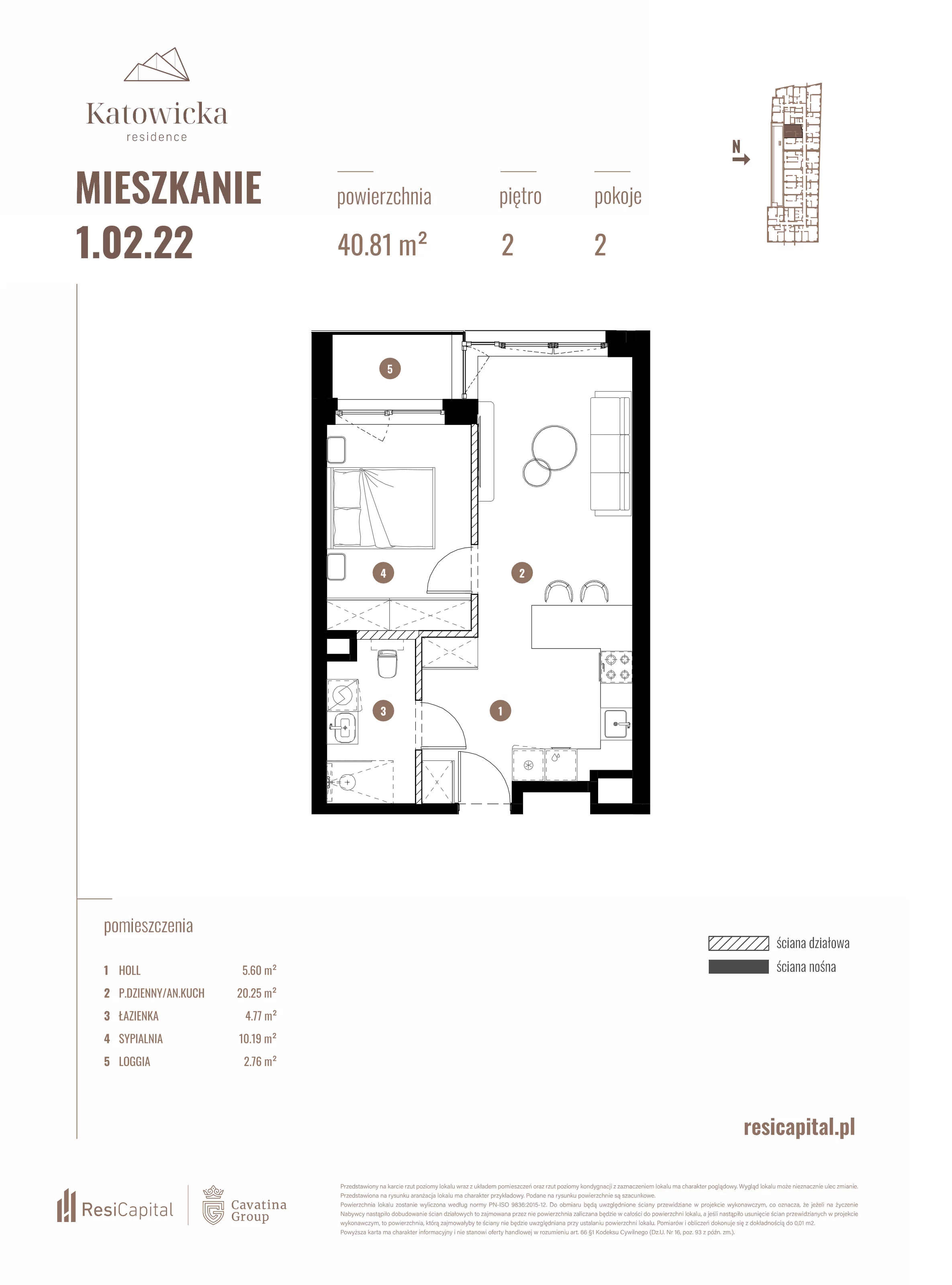 2 pokoje, apartament 40,81 m², piętro 2, oferta nr 1.02.22., Katowicka Residence, Katowice, Bogucice, ul. Katowicka