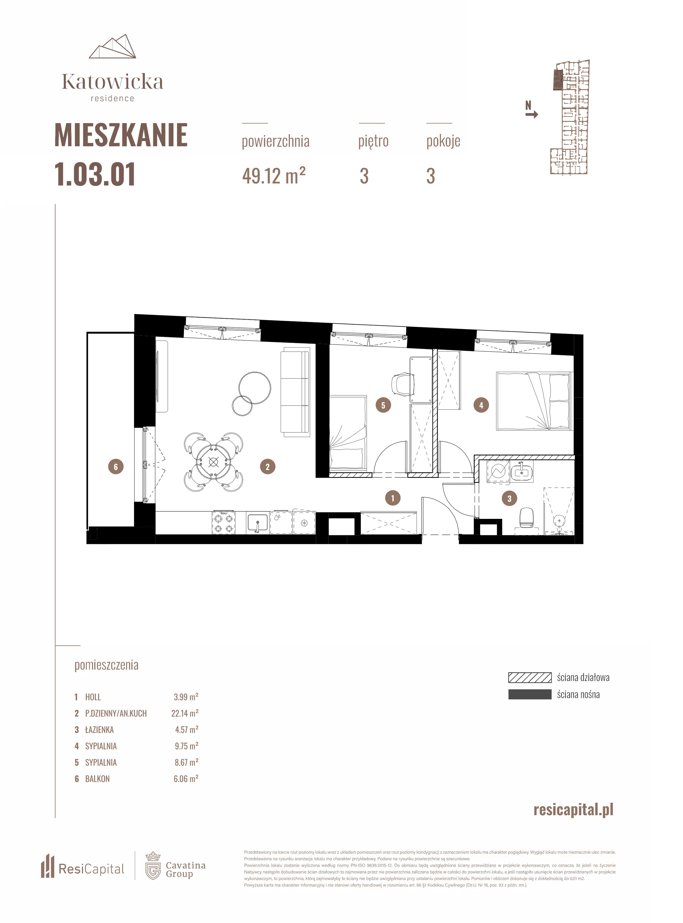 3 pokoje, apartament 49,12 m², piętro 3, oferta nr 1.03.01., Katowicka Residence, Katowice, Bogucice, ul. Katowicka