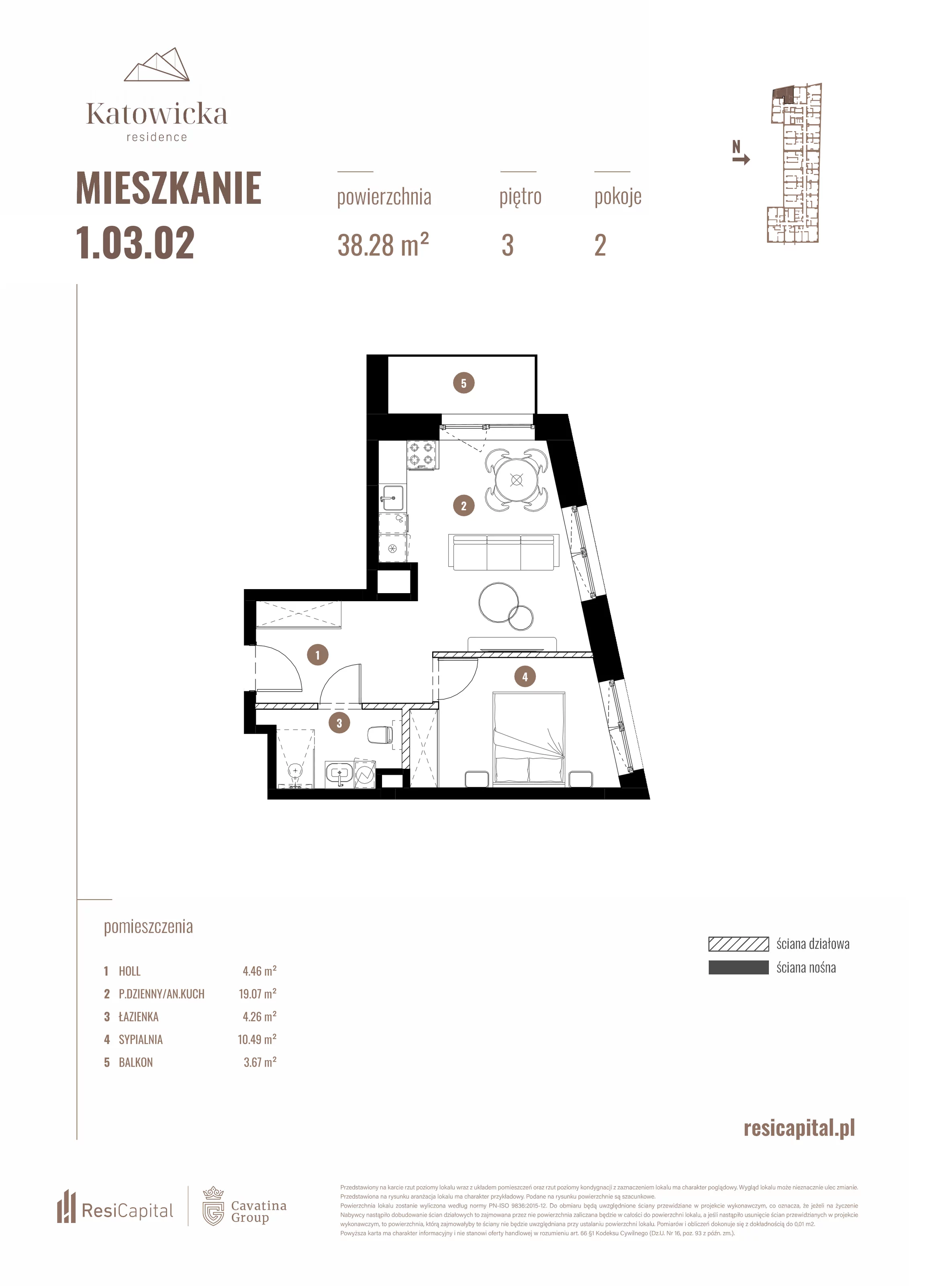 2 pokoje, apartament 38,28 m², piętro 3, oferta nr 1.03.02., Katowicka Residence, Katowice, Bogucice, ul. Katowicka
