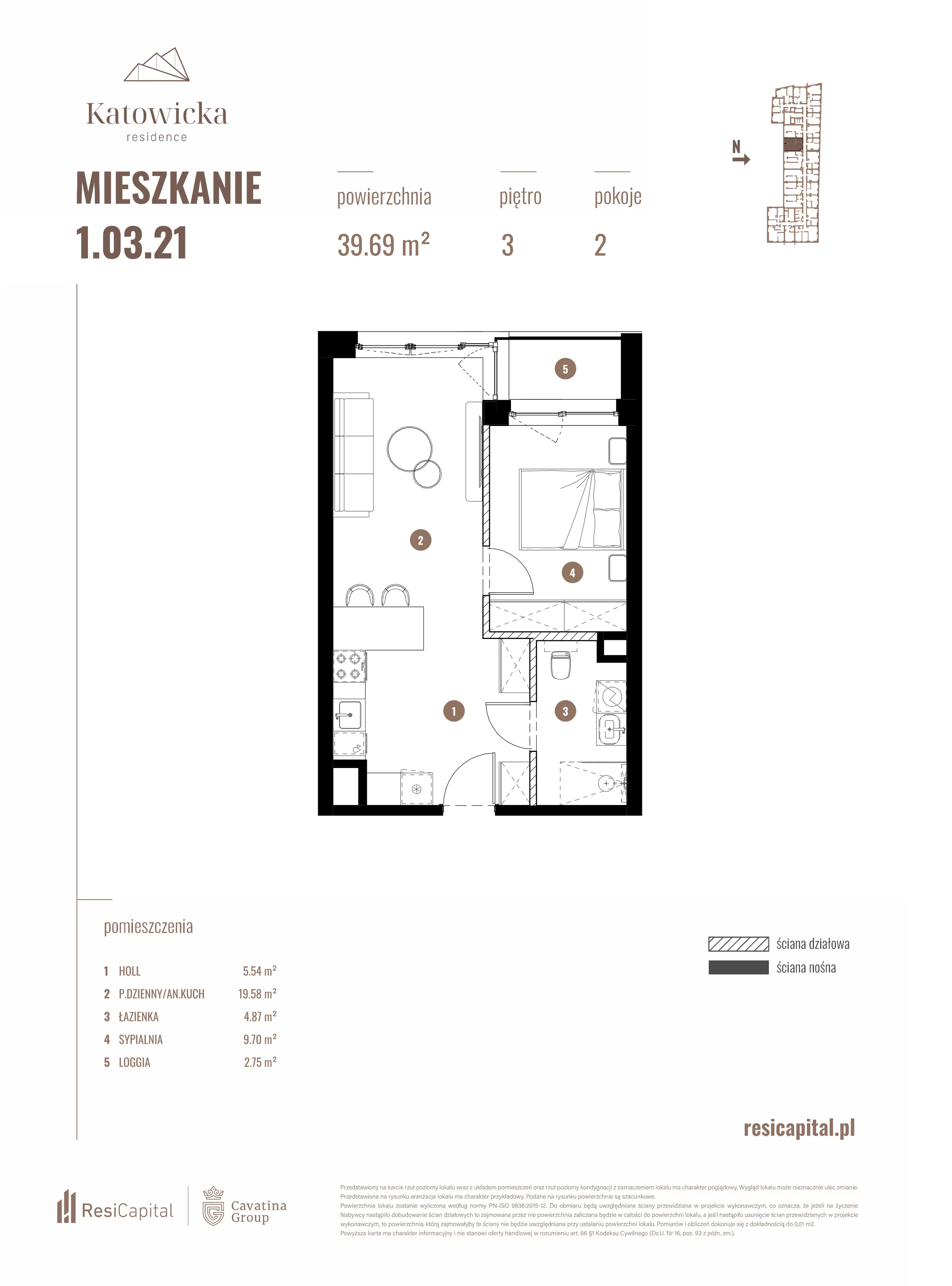2 pokoje, apartament 39,69 m², piętro 3, oferta nr 1.03.21., Katowicka Residence, Katowice, Bogucice, ul. Katowicka