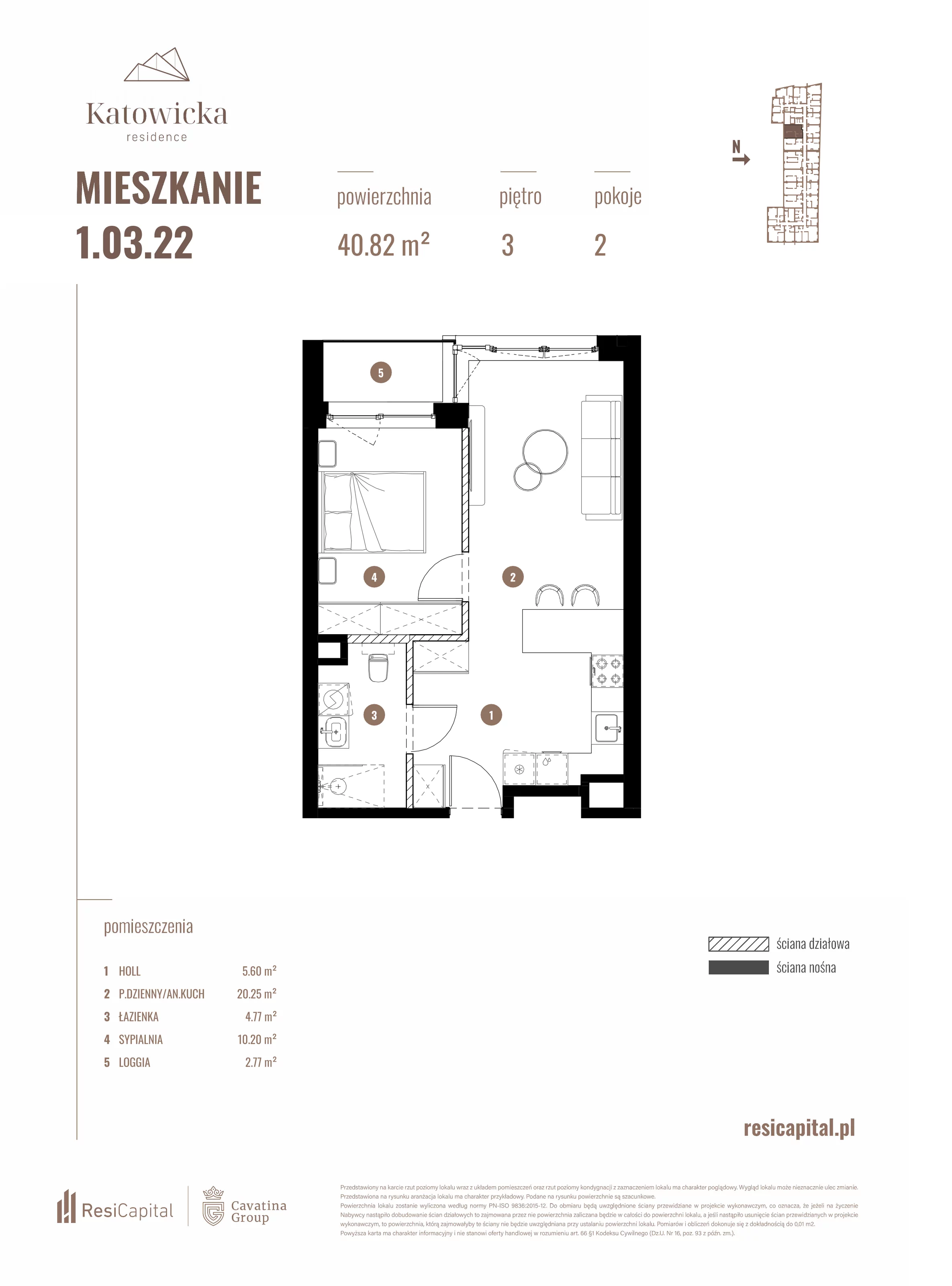 2 pokoje, apartament 40,82 m², piętro 3, oferta nr 1.03.22., Katowicka Residence, Katowice, Bogucice, ul. Katowicka