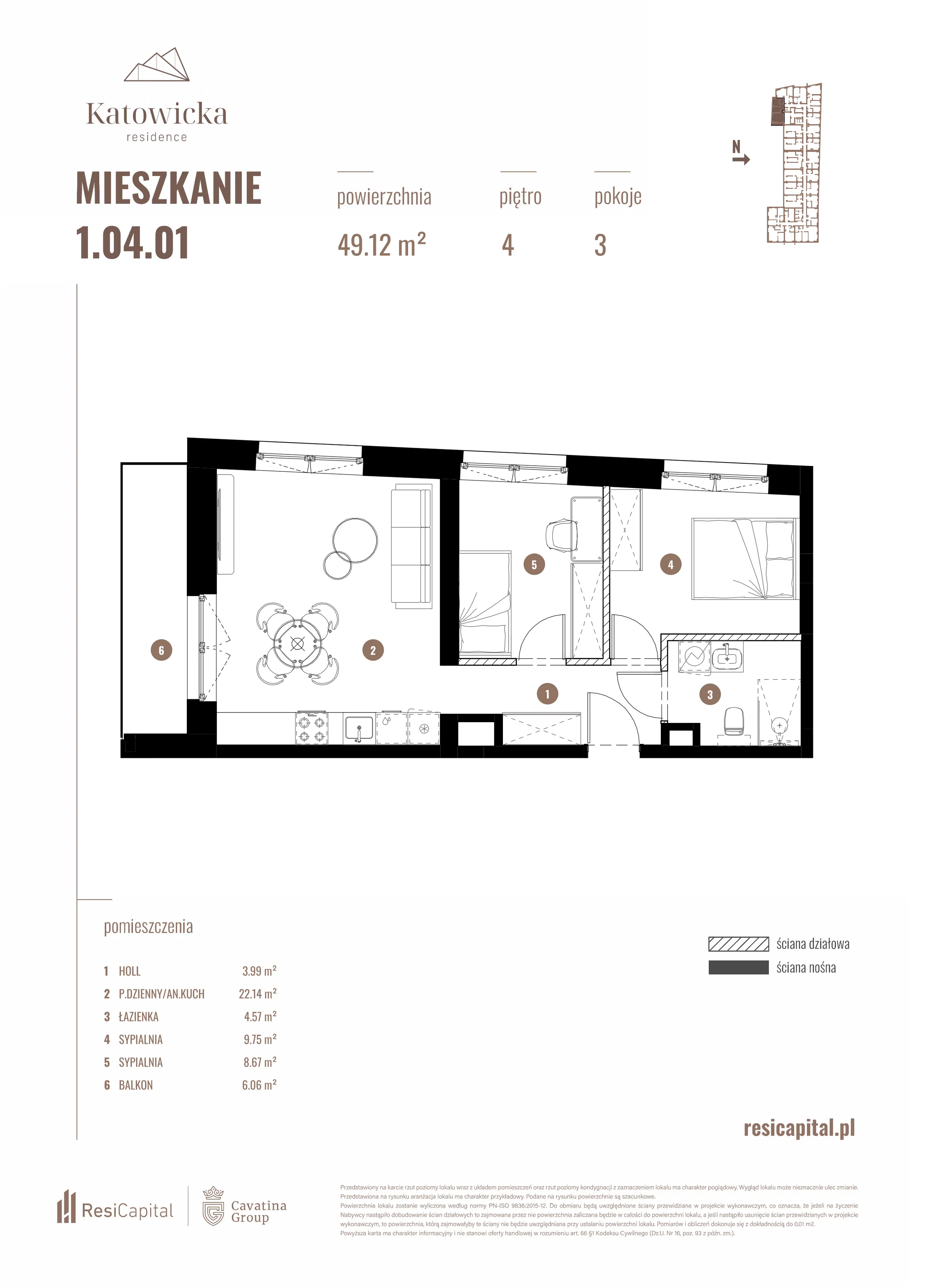 3 pokoje, apartament 49,12 m², piętro 4, oferta nr 1.04.01., Katowicka Residence, Katowice, Bogucice, ul. Katowicka