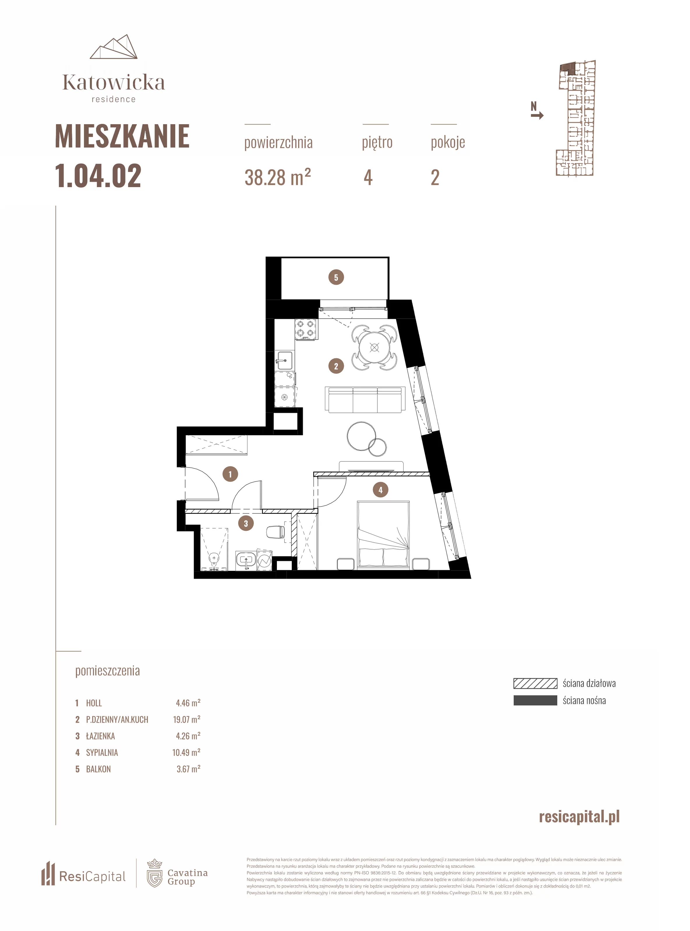 2 pokoje, apartament 38,28 m², piętro 4, oferta nr 1.04.02., Katowicka Residence, Katowice, Bogucice, ul. Katowicka