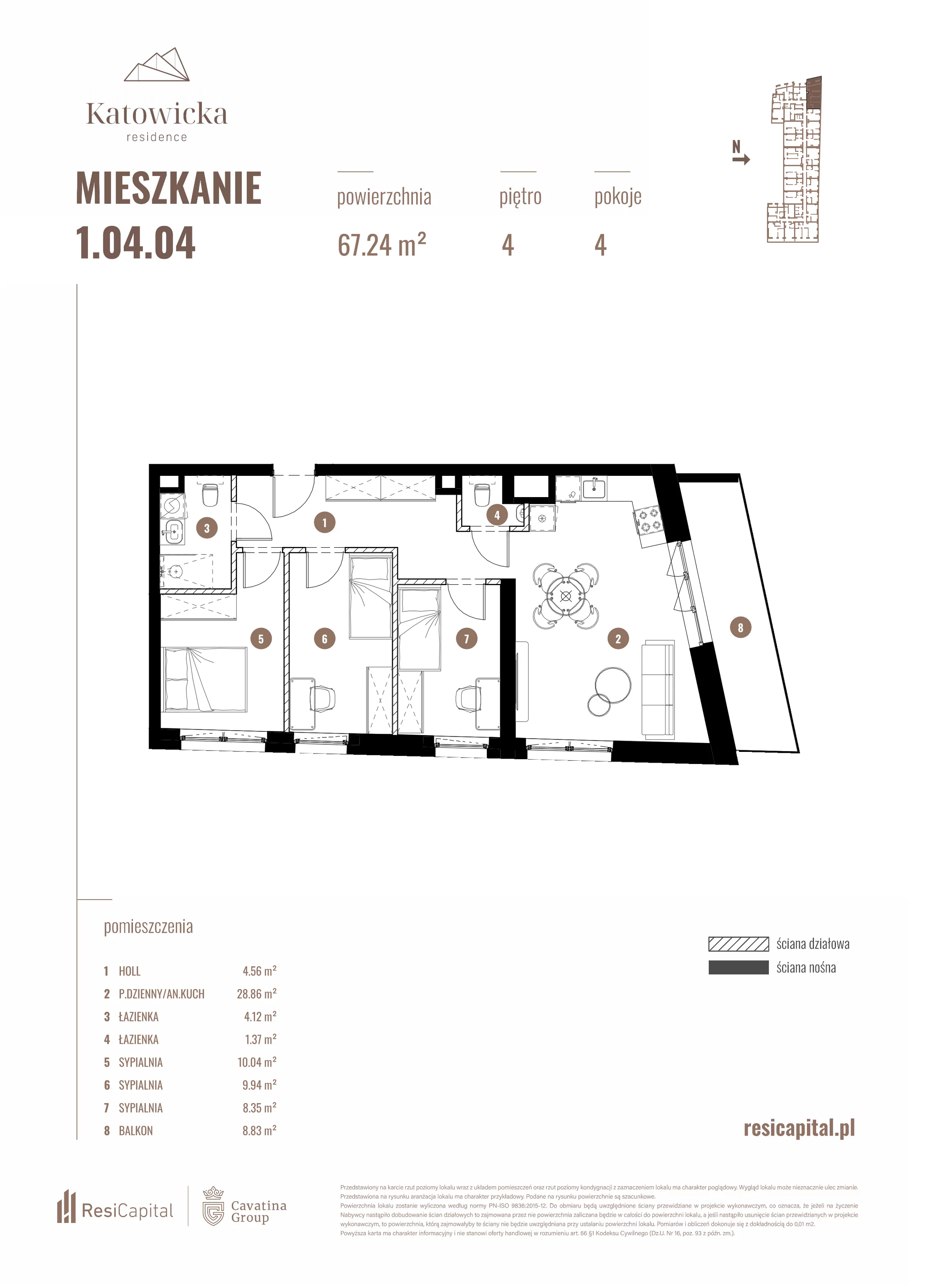 4 pokoje, apartament 67,24 m², piętro 4, oferta nr 1.04.04., Katowicka Residence, Katowice, Bogucice, ul. Katowicka