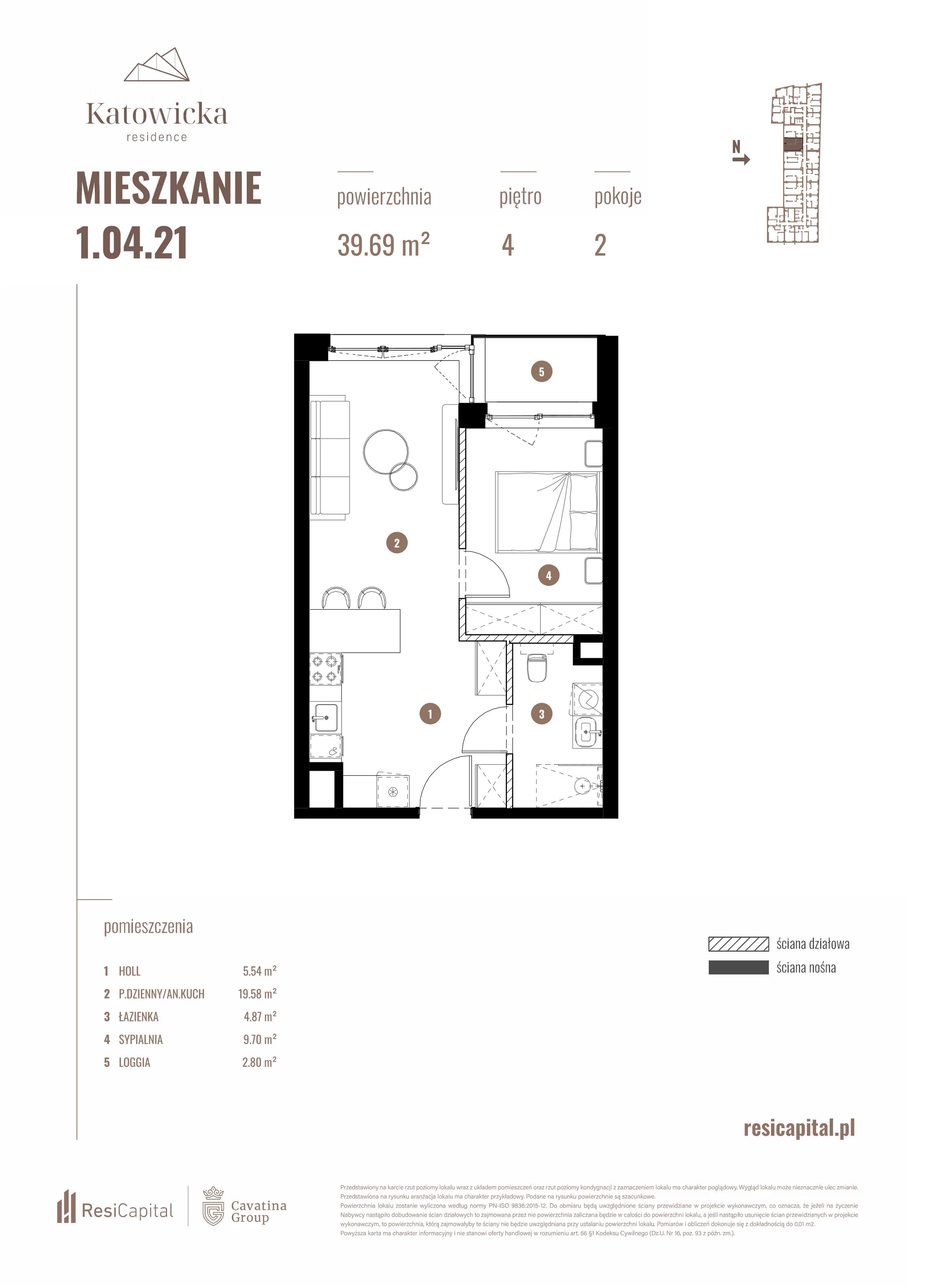 2 pokoje, apartament 39,69 m², piętro 4, oferta nr 1.04.21., Katowicka Residence, Katowice, Bogucice, ul. Katowicka