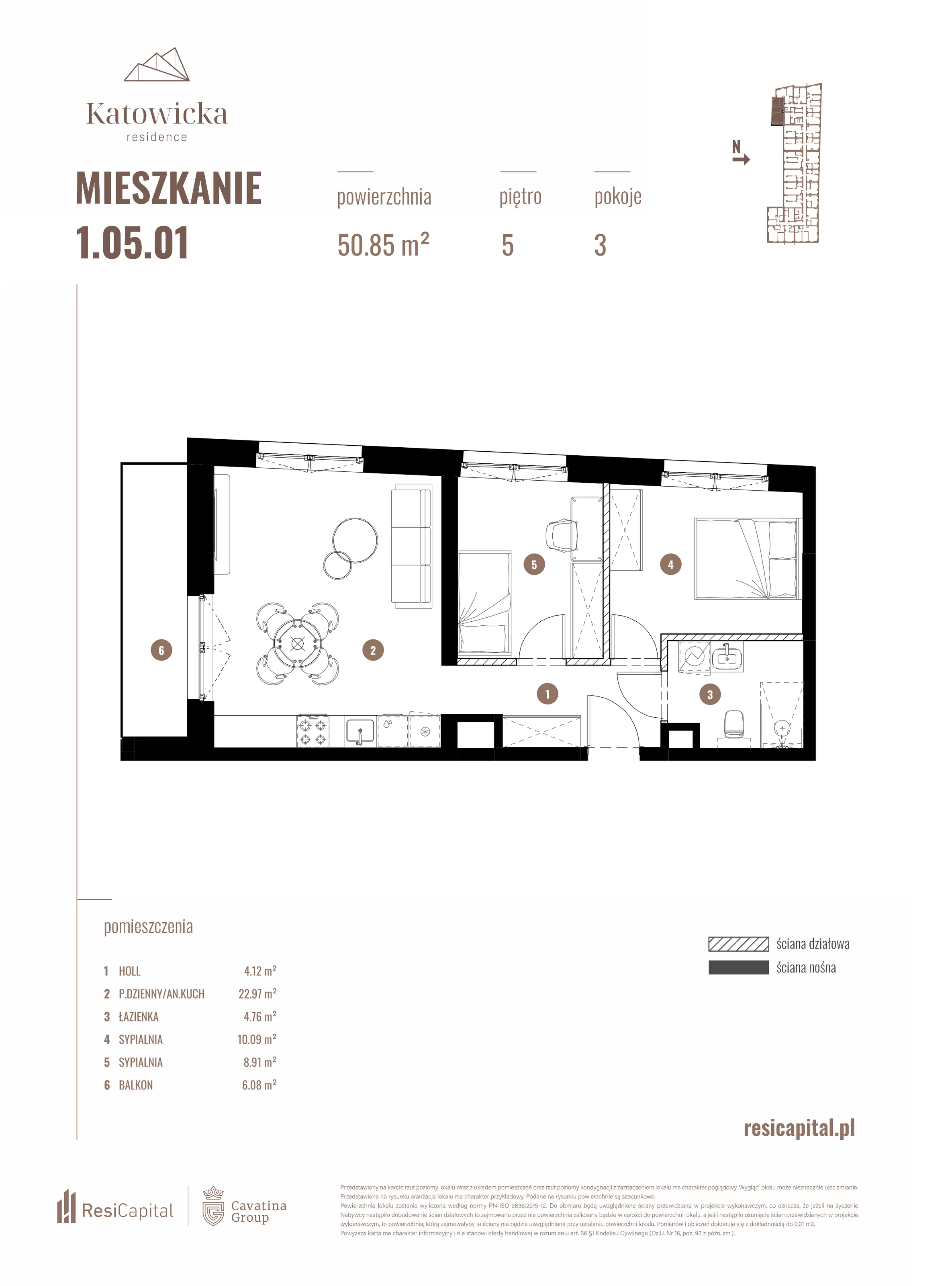 3 pokoje, apartament 50,85 m², piętro 5, oferta nr 1.05.01., Katowicka Residence, Katowice, Bogucice, ul. Katowicka