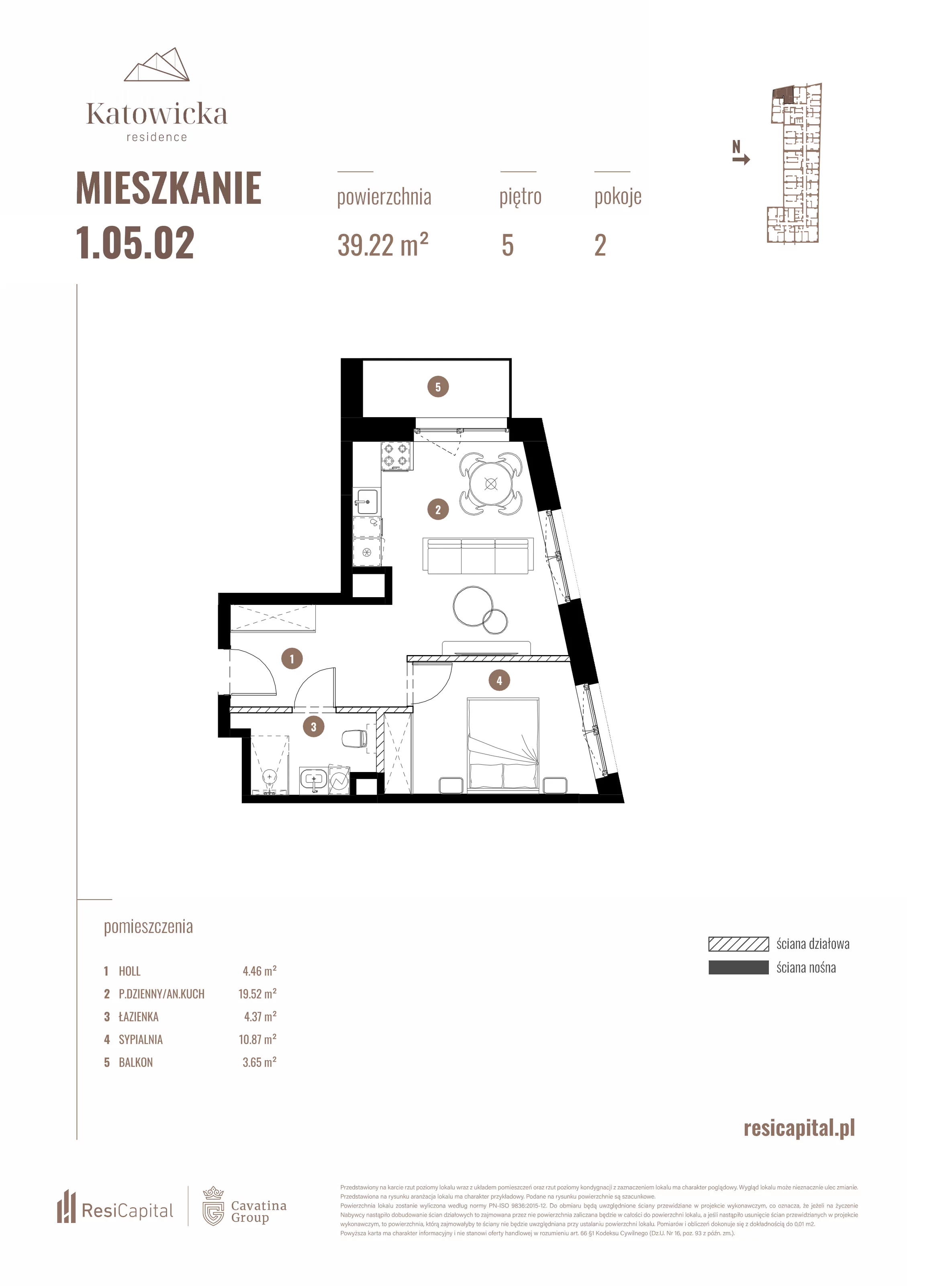 2 pokoje, apartament 39,22 m², piętro 5, oferta nr 1.05.02., Katowicka Residence, Katowice, Bogucice, ul. Katowicka