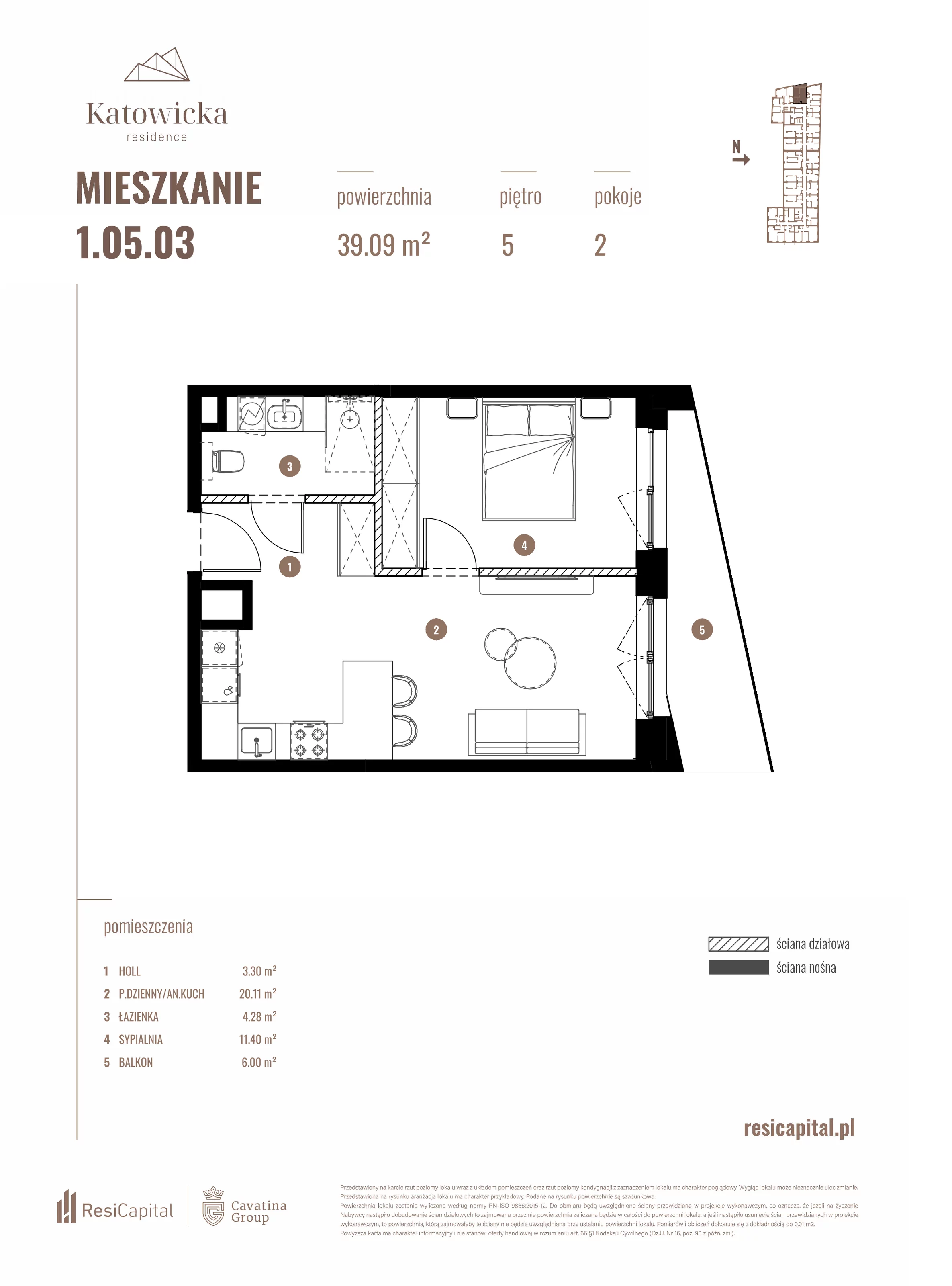2 pokoje, apartament 39,09 m², piętro 5, oferta nr 1.05.03., Katowicka Residence, Katowice, Bogucice, ul. Katowicka