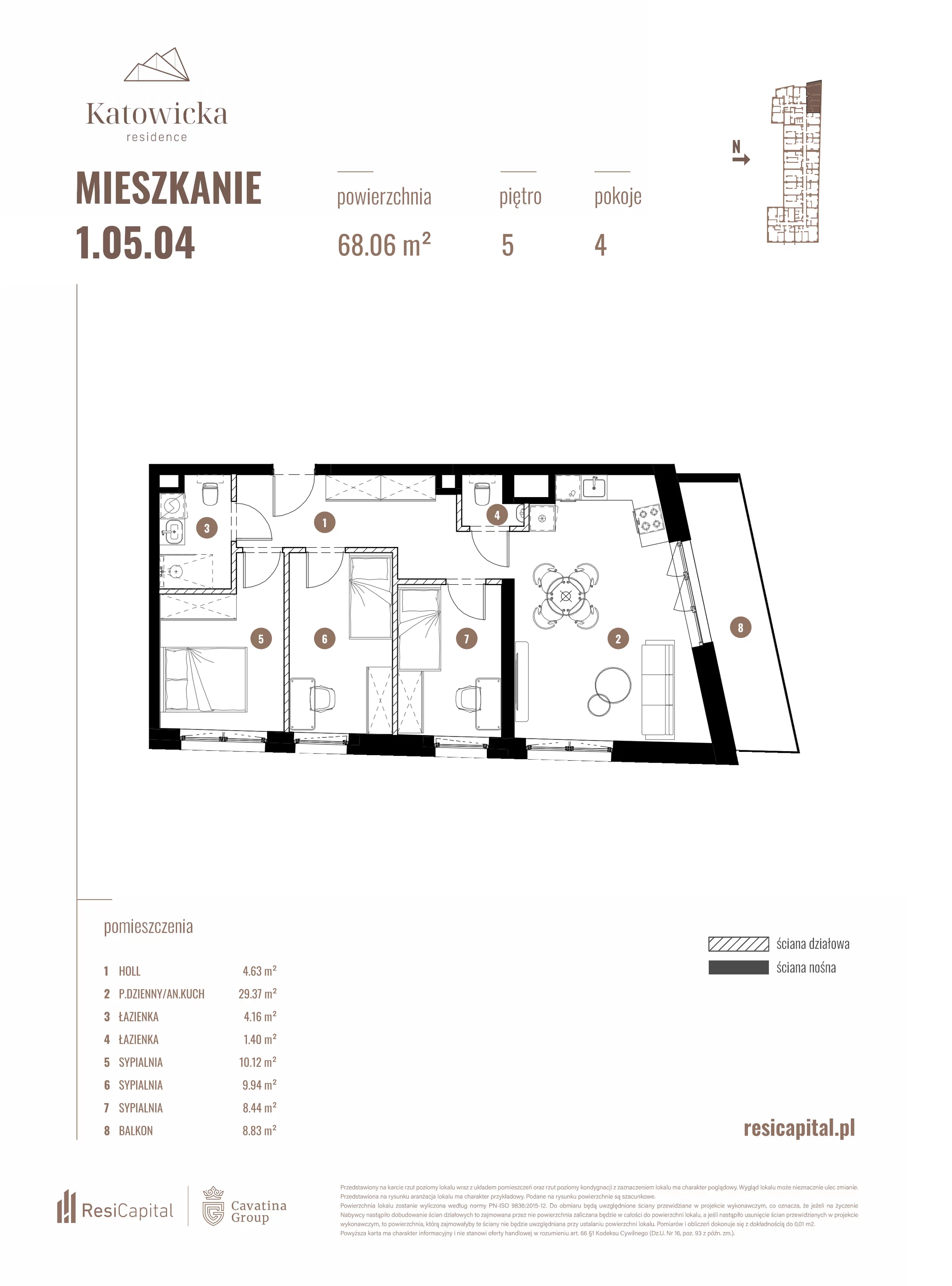 4 pokoje, apartament 68,06 m², piętro 5, oferta nr 1.05.04., Katowicka Residence, Katowice, Bogucice, ul. Katowicka