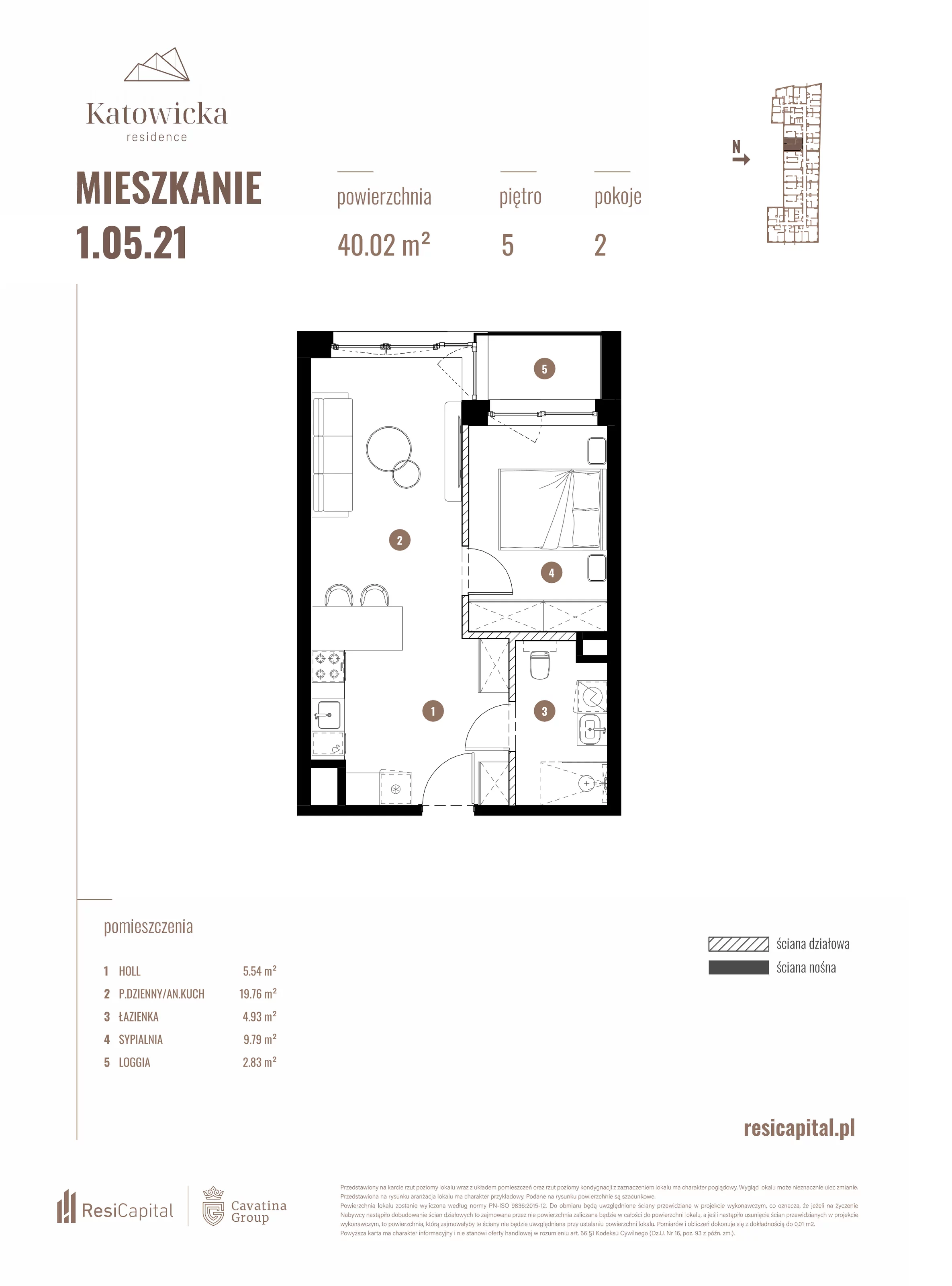 2 pokoje, apartament 40,02 m², piętro 5, oferta nr 1.05.21., Katowicka Residence, Katowice, Bogucice, ul. Katowicka