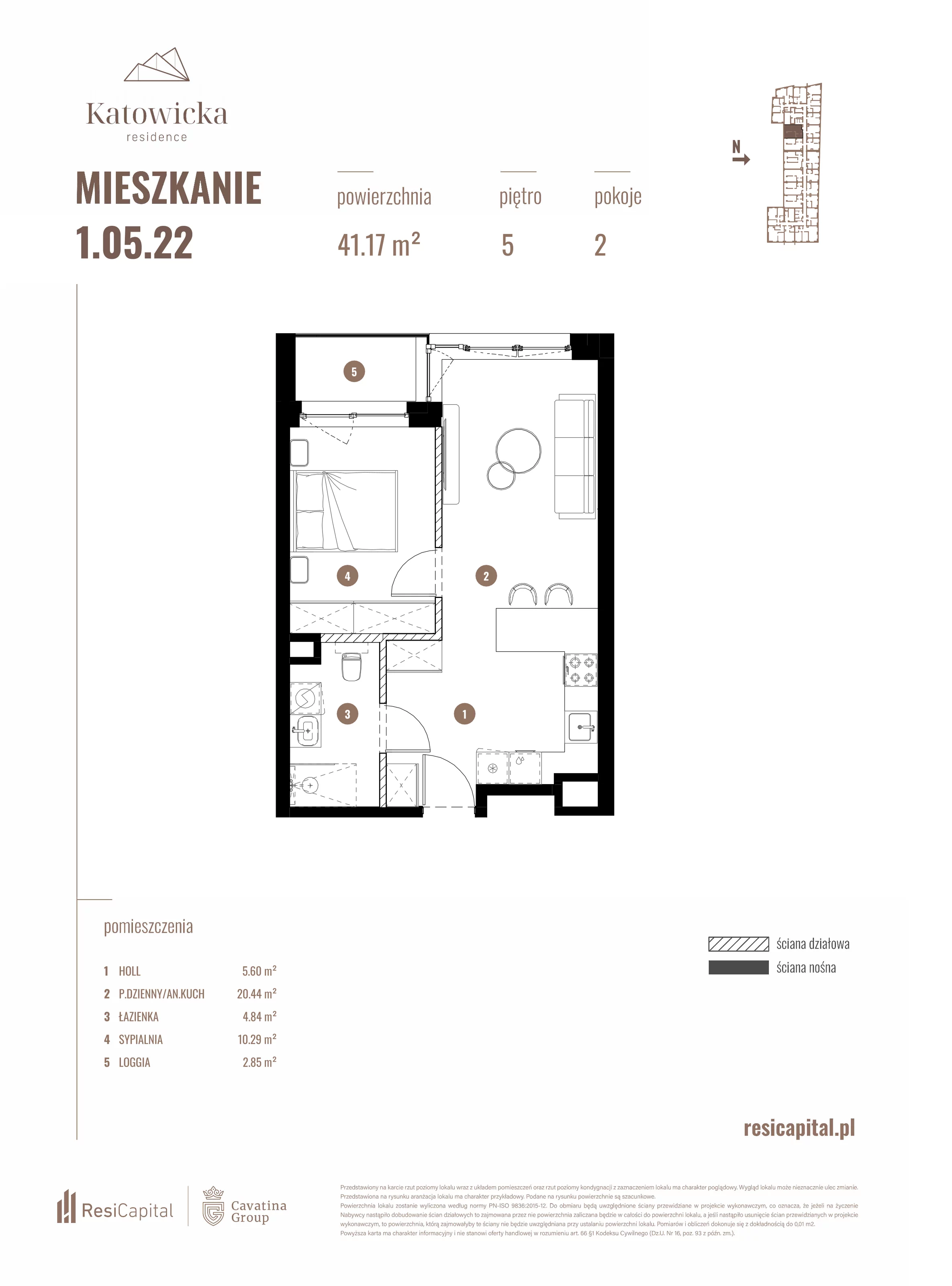 2 pokoje, apartament 41,17 m², piętro 5, oferta nr 1.05.22., Katowicka Residence, Katowice, Bogucice, ul. Katowicka