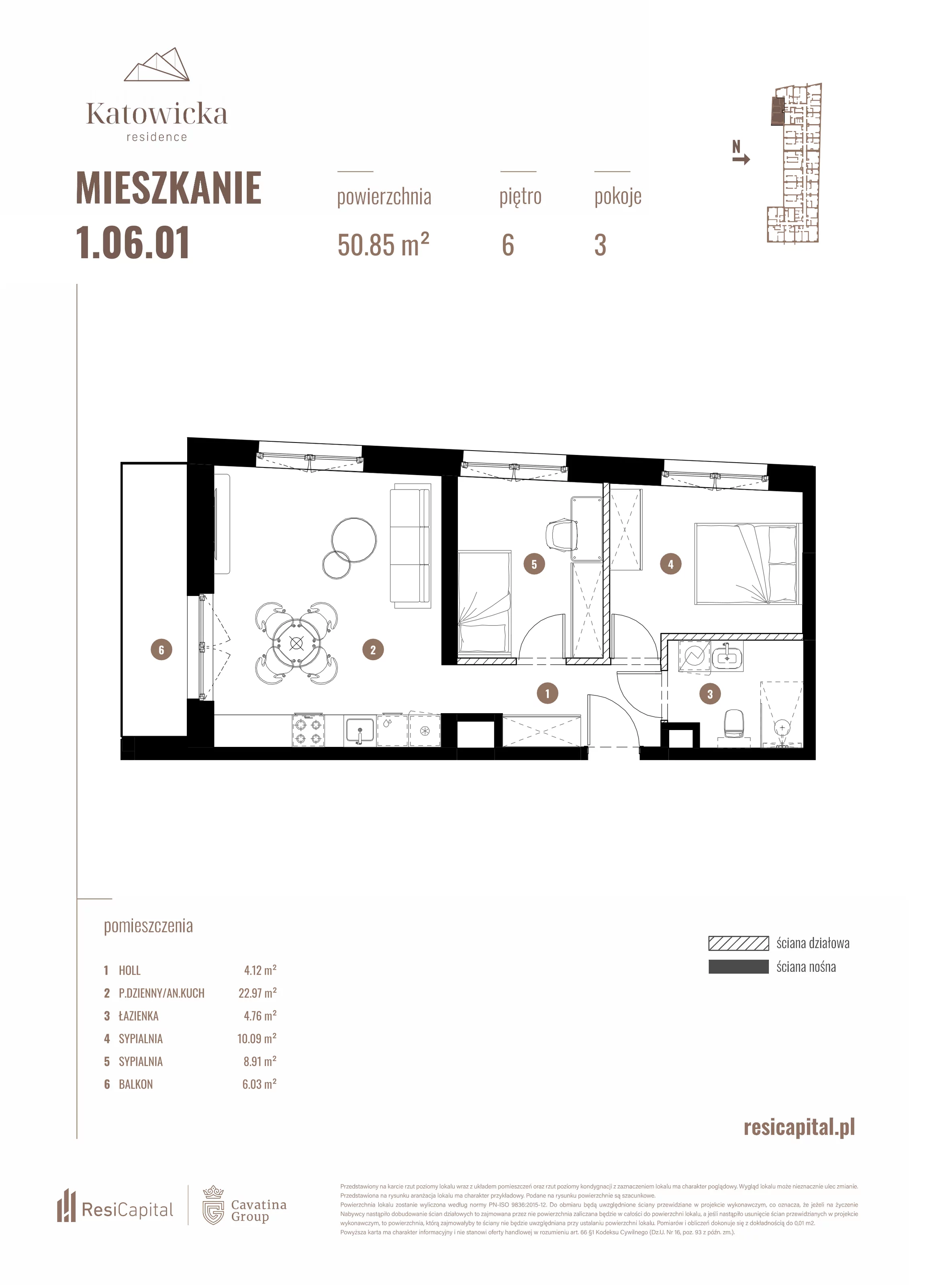 3 pokoje, apartament 50,85 m², piętro 6, oferta nr 1.06.01., Katowicka Residence, Katowice, Bogucice, ul. Katowicka
