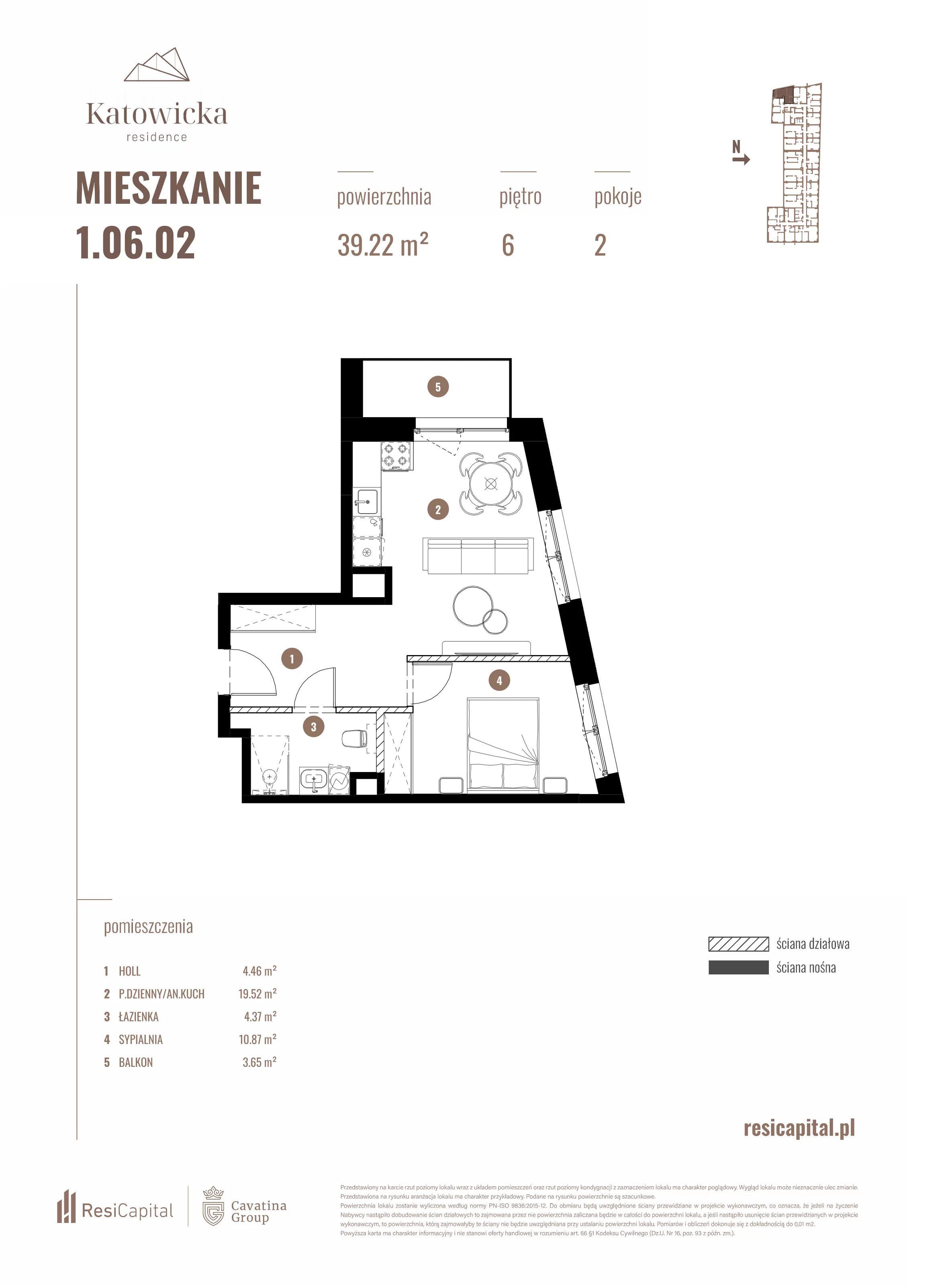 2 pokoje, apartament 39,22 m², piętro 6, oferta nr 1.06.02., Katowicka Residence, Katowice, Bogucice, ul. Katowicka