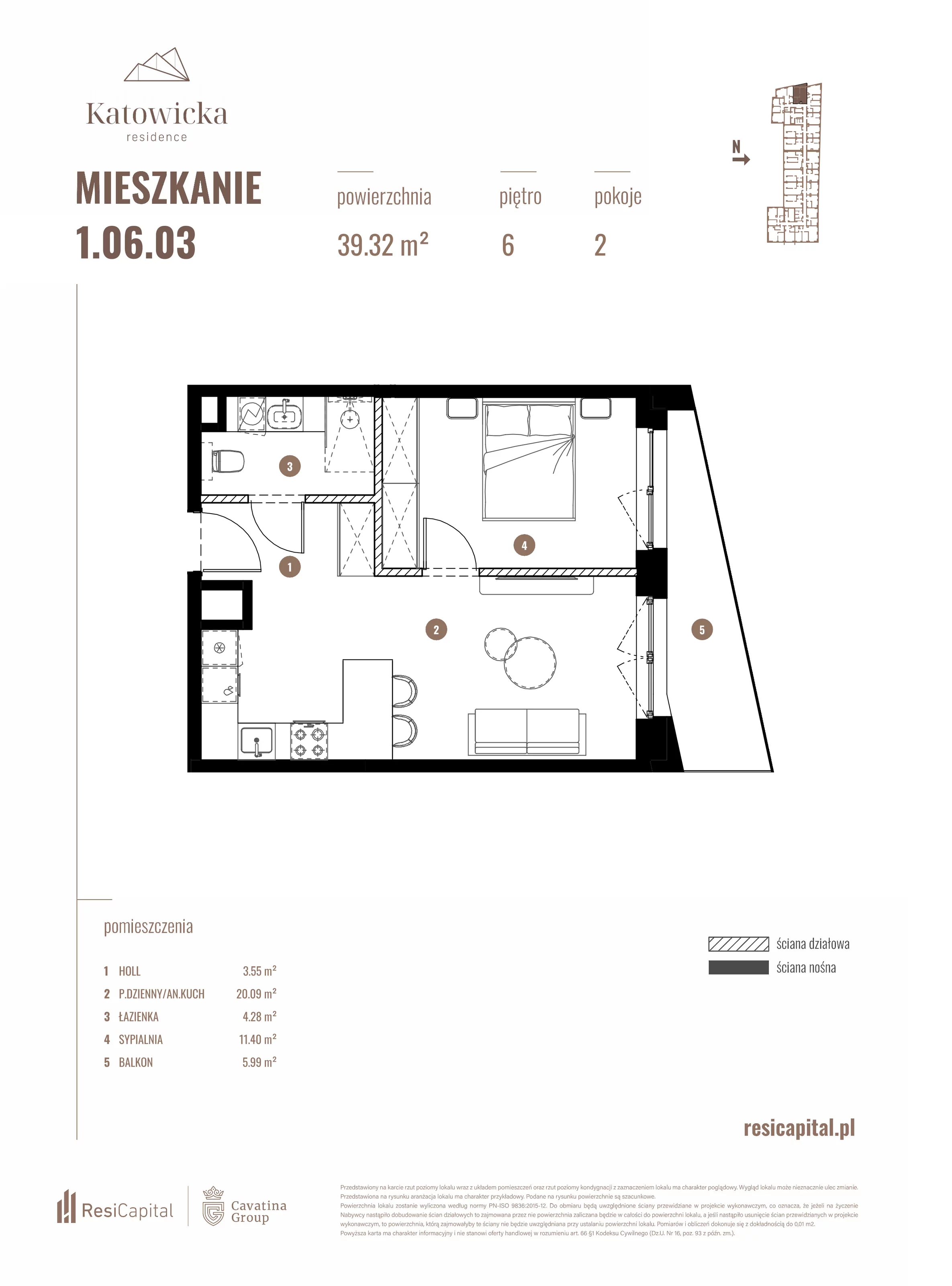 2 pokoje, apartament 39,32 m², piętro 6, oferta nr 1.06.03., Katowicka Residence, Katowice, Bogucice, ul. Katowicka