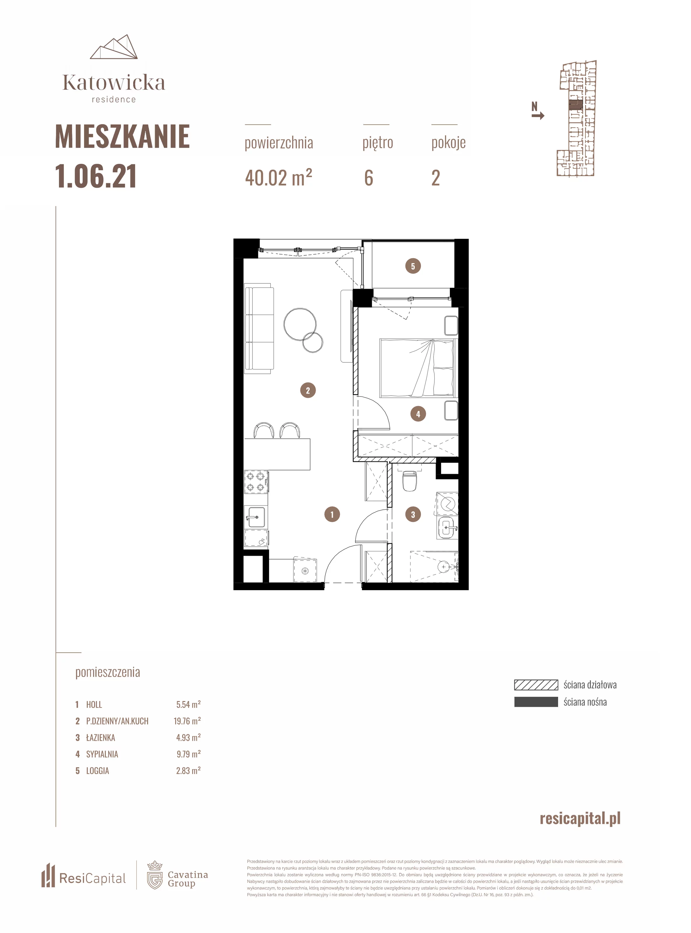 2 pokoje, apartament 40,02 m², piętro 6, oferta nr 1.06.21., Katowicka Residence, Katowice, Bogucice, ul. Katowicka