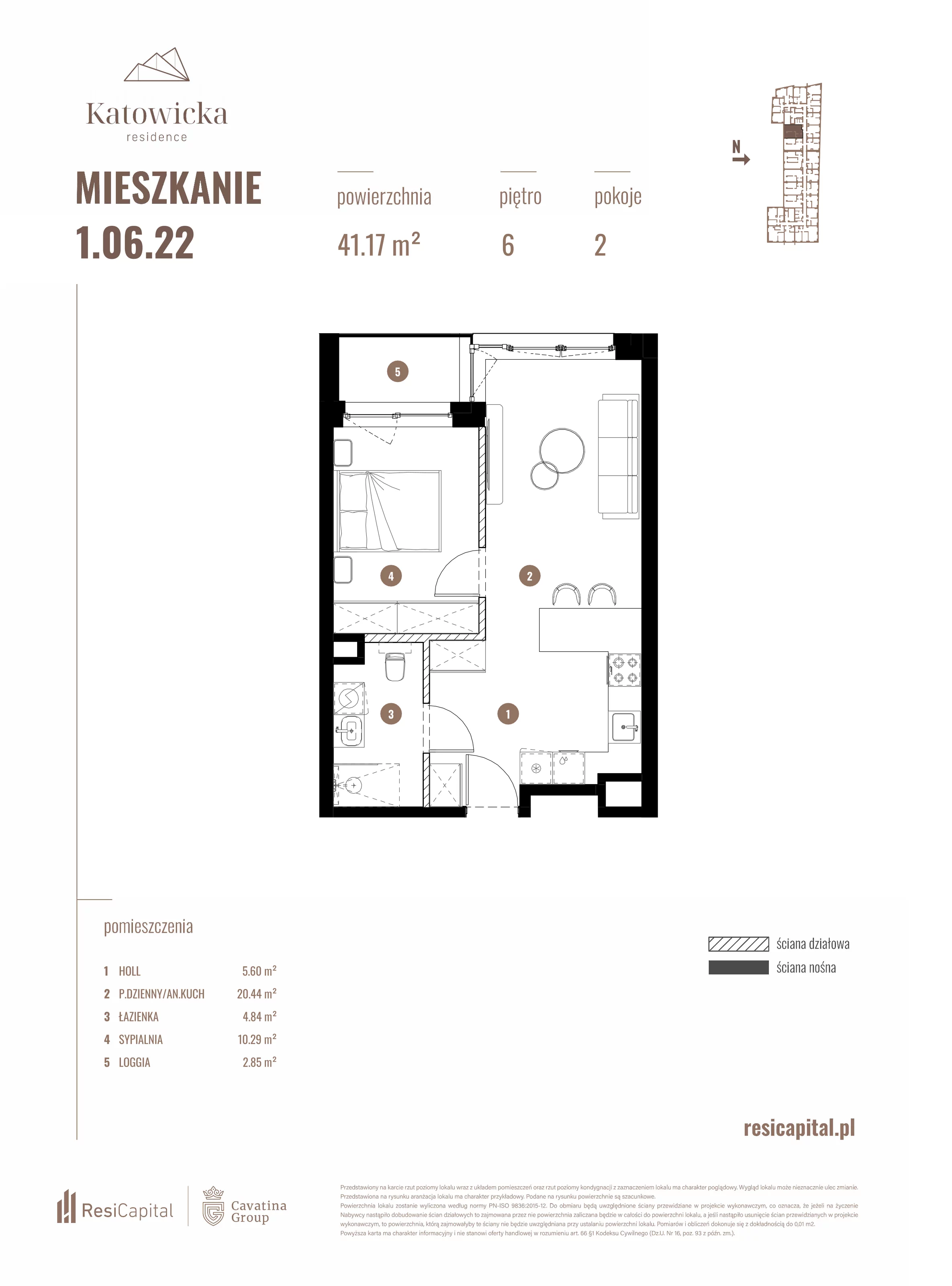 2 pokoje, apartament 41,17 m², piętro 6, oferta nr 1.06.22., Katowicka Residence, Katowice, Bogucice, ul. Katowicka