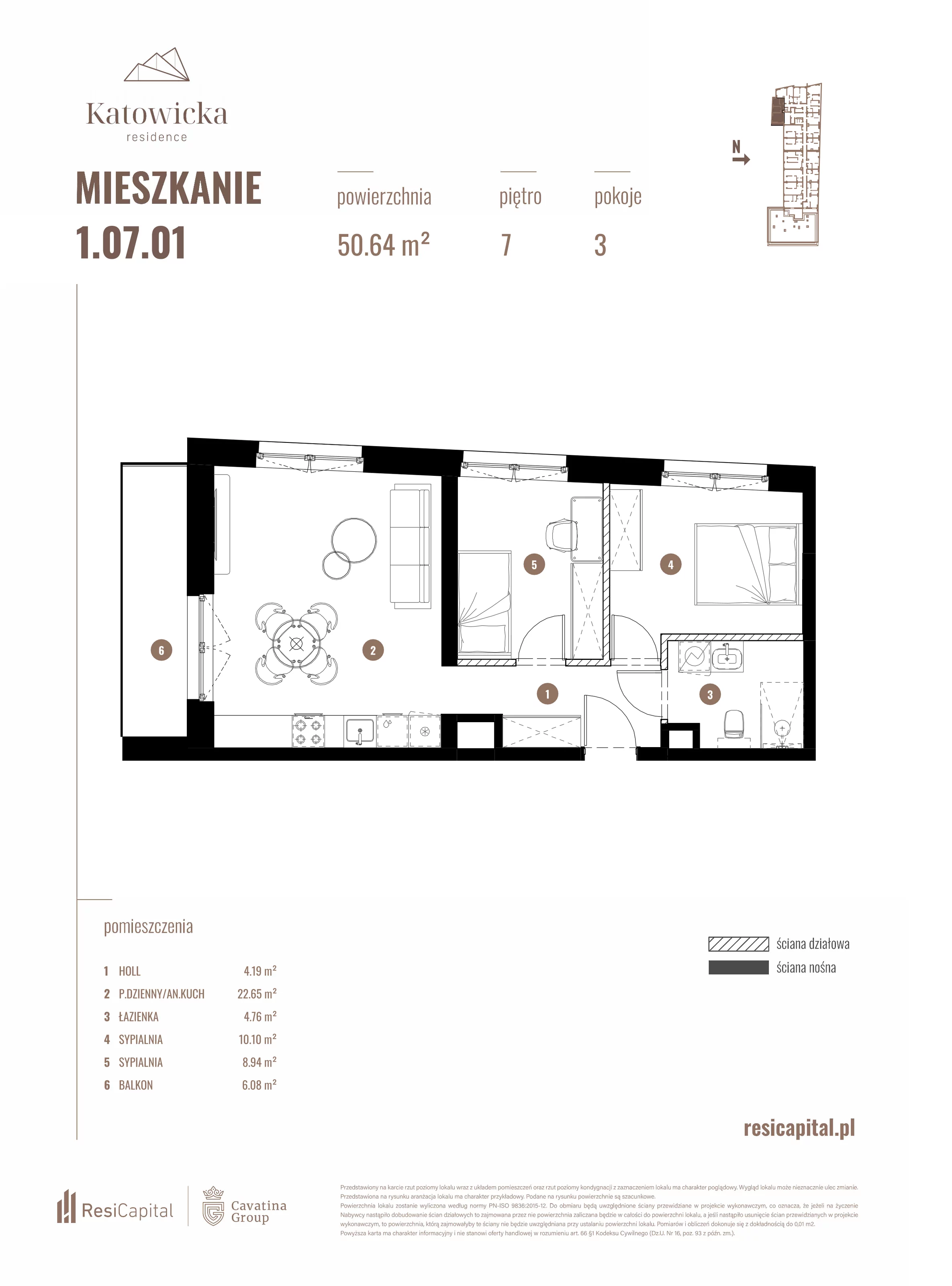 3 pokoje, apartament 50,64 m², piętro 7, oferta nr 1.07.01., Katowicka Residence, Katowice, Bogucice, ul. Katowicka