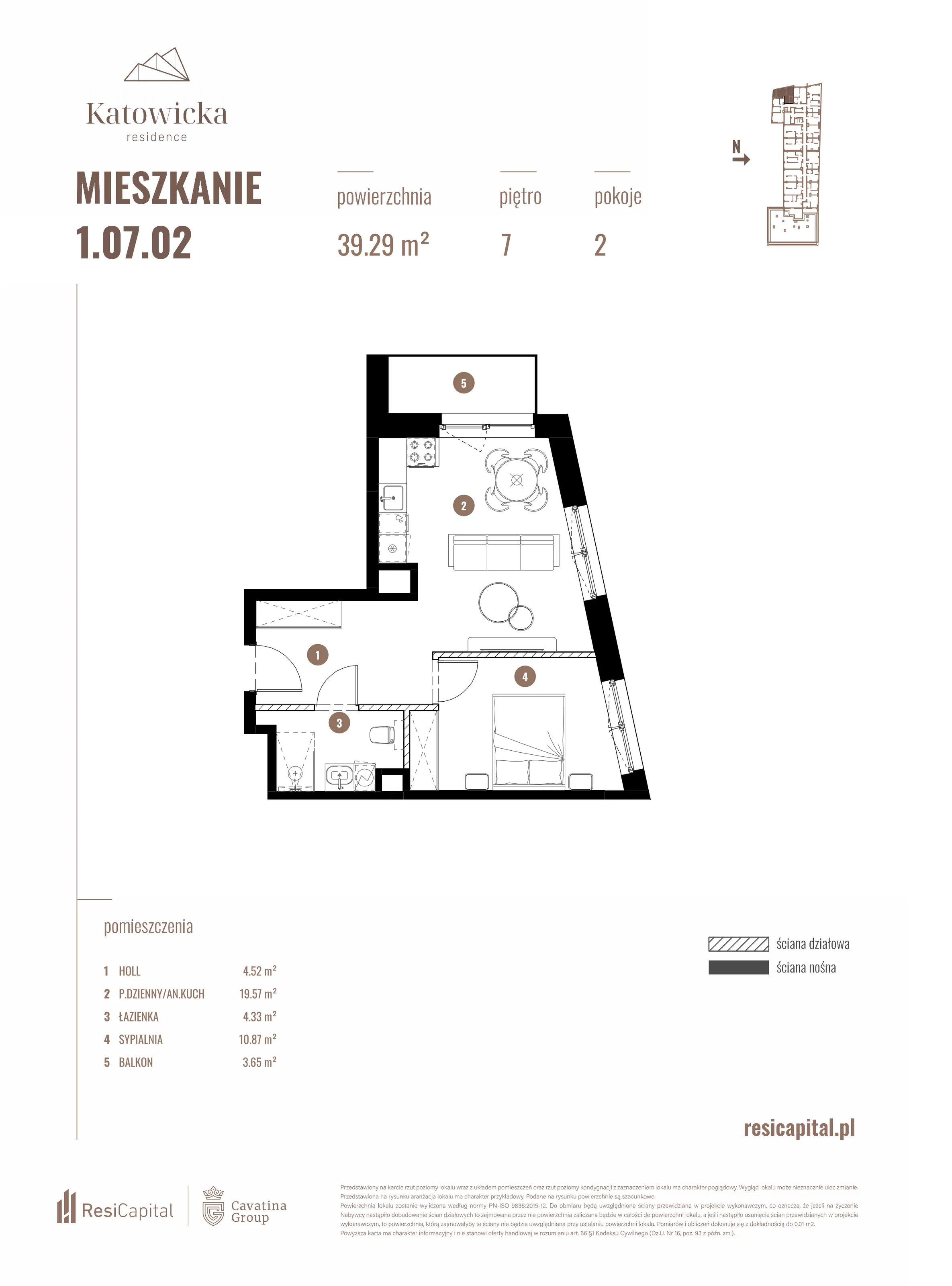 2 pokoje, apartament 39,29 m², piętro 7, oferta nr 1.07.02., Katowicka Residence, Katowice, Bogucice, ul. Katowicka