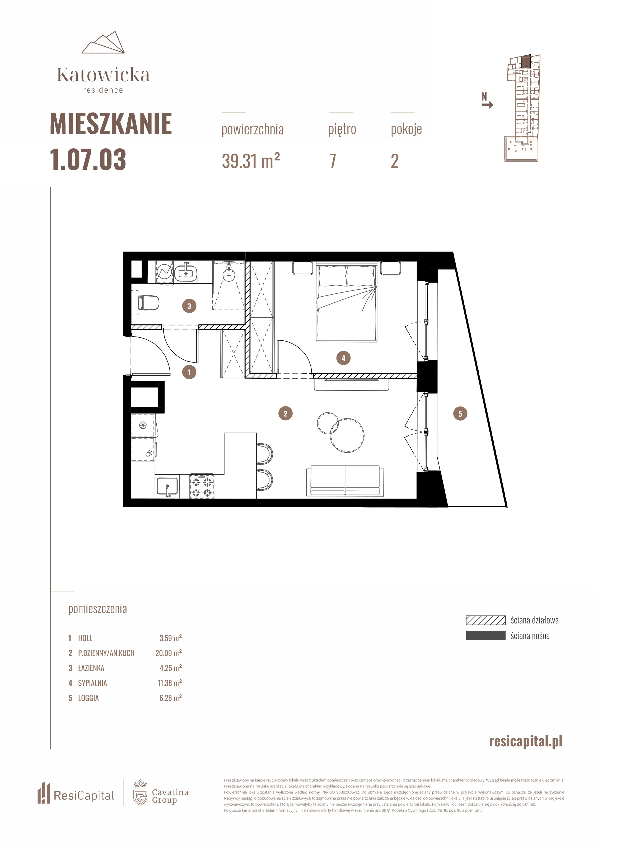 2 pokoje, apartament 39,31 m², piętro 7, oferta nr 1.07.03., Katowicka Residence, Katowice, Bogucice, ul. Katowicka