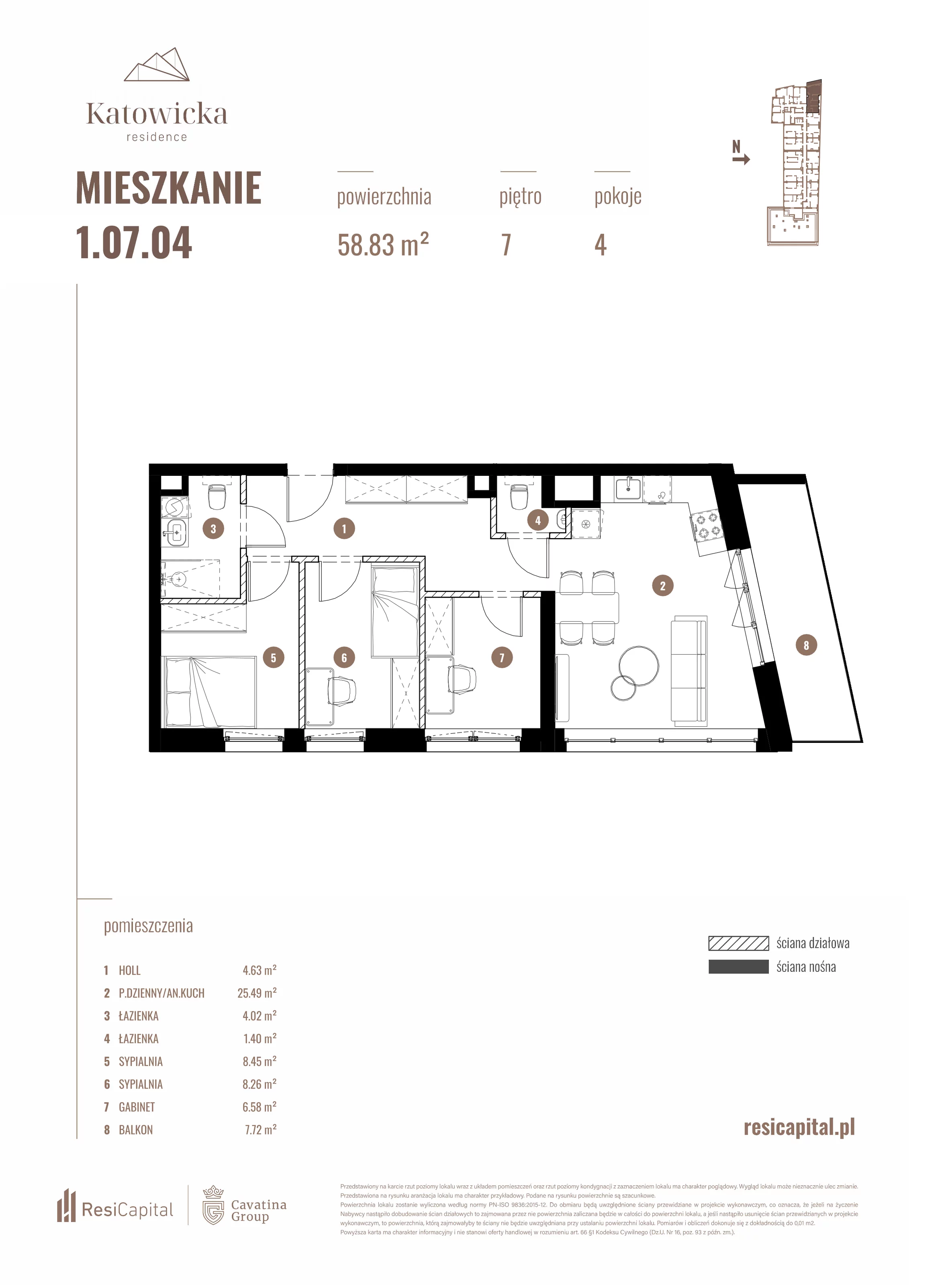 4 pokoje, apartament 58,83 m², piętro 7, oferta nr 1.07.04., Katowicka Residence, Katowice, Bogucice, ul. Katowicka