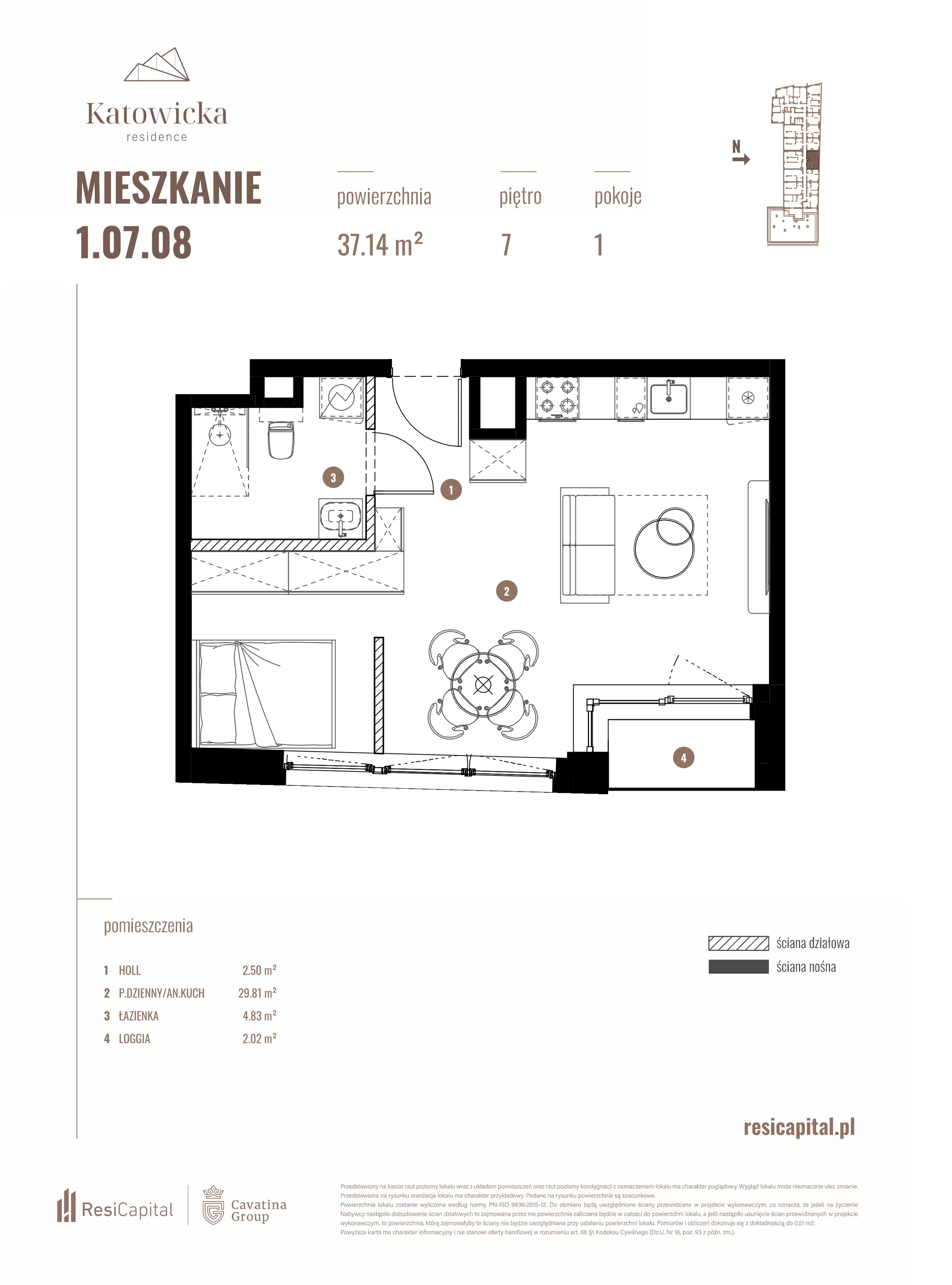 1 pokój, apartament 37,14 m², piętro 7, oferta nr 1.07.08., Katowicka Residence, Katowice, Bogucice, ul. Katowicka